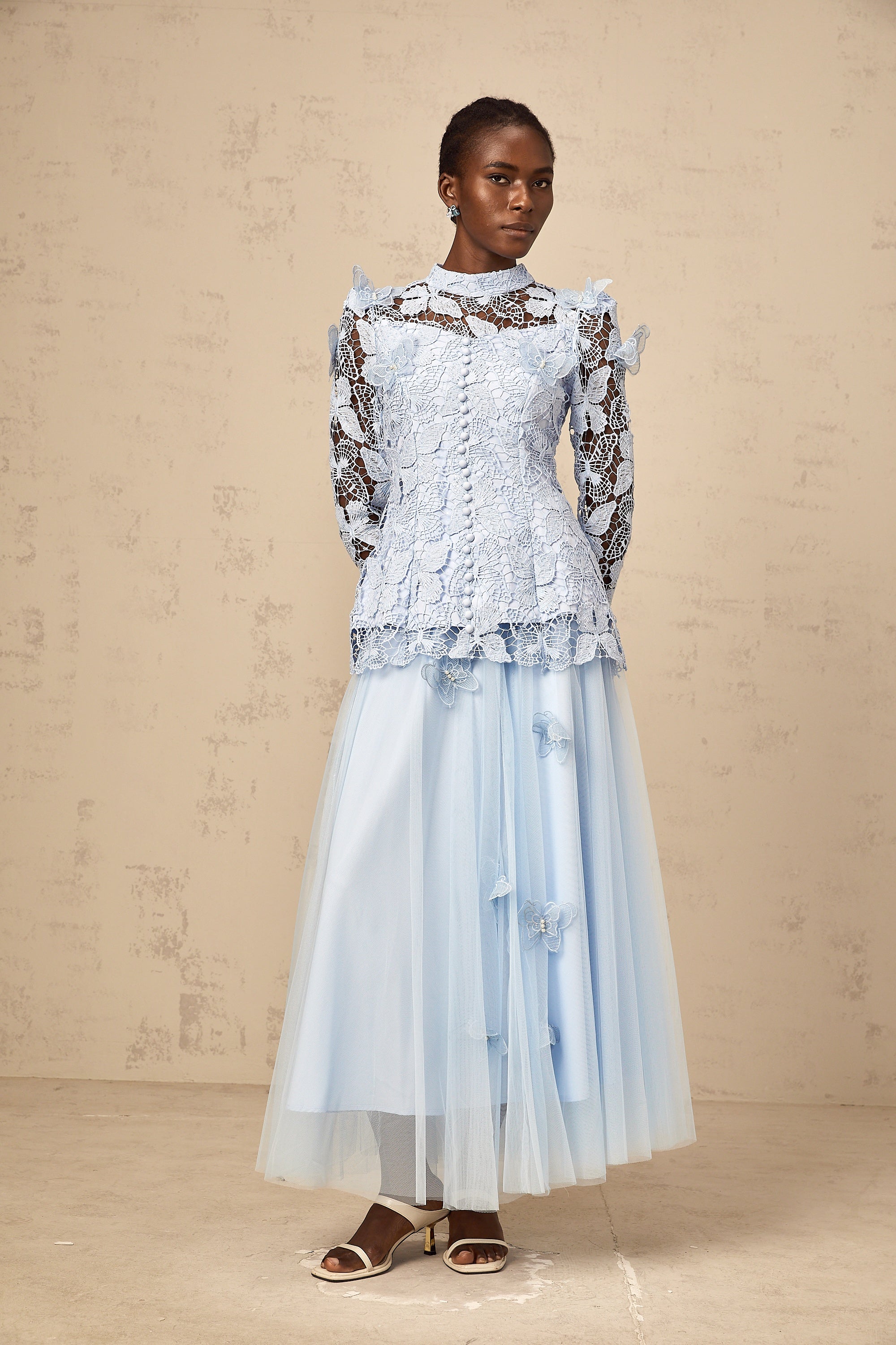 Nicolette blue sequined lace top & skirt matching set
