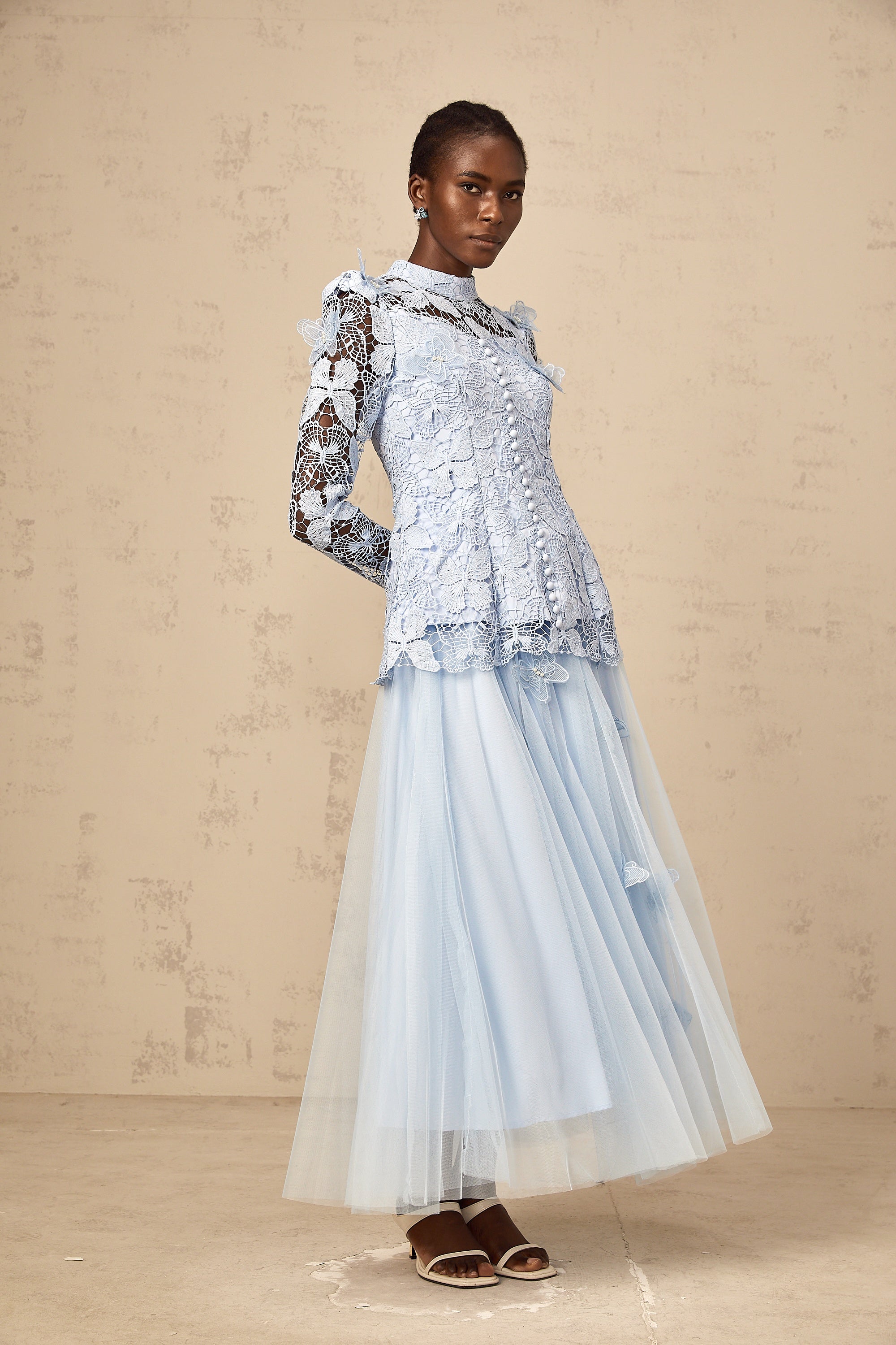 Nicolette blue sequined lace top & skirt matching set