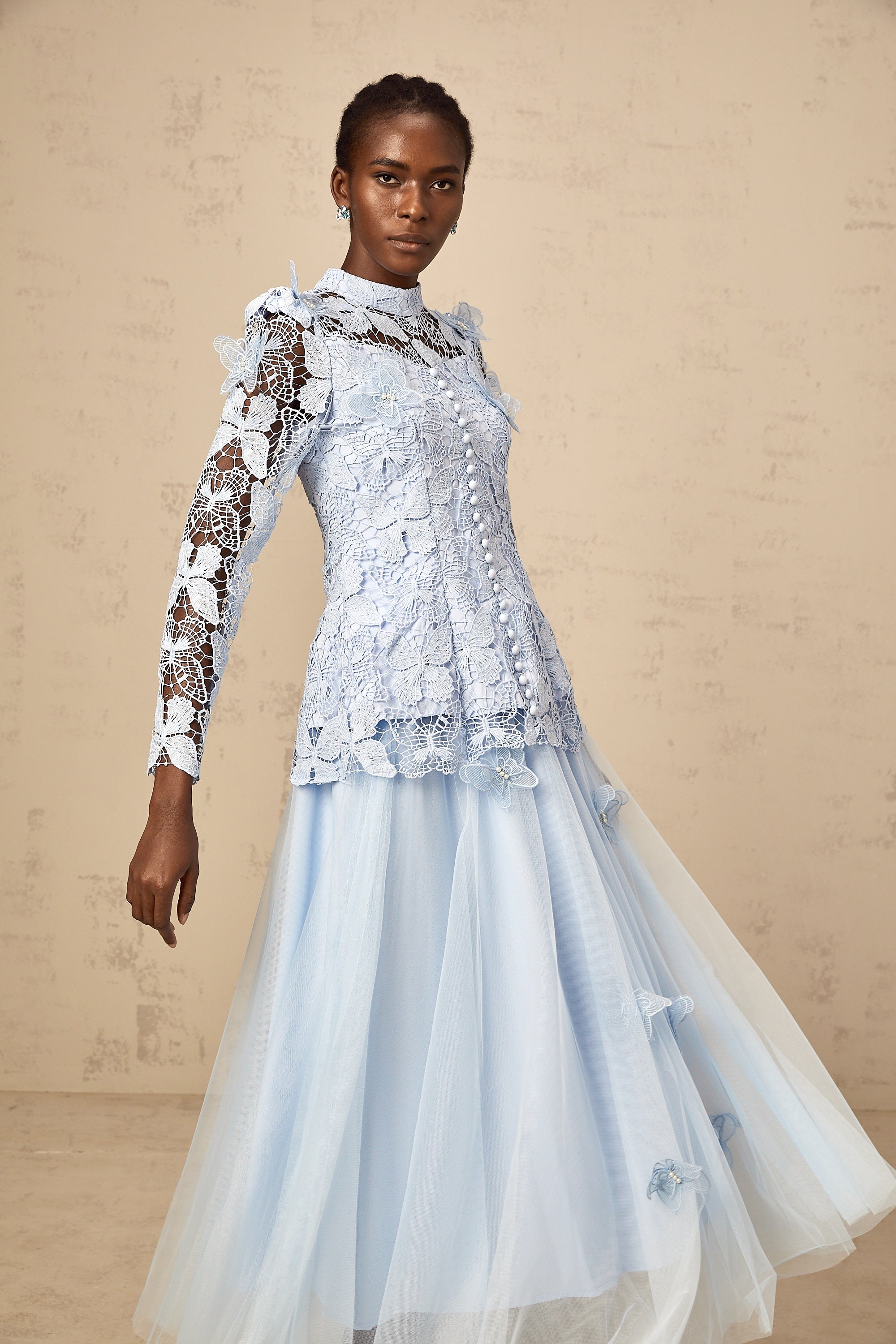 Nicolette blue sequined lace top & skirt matching set