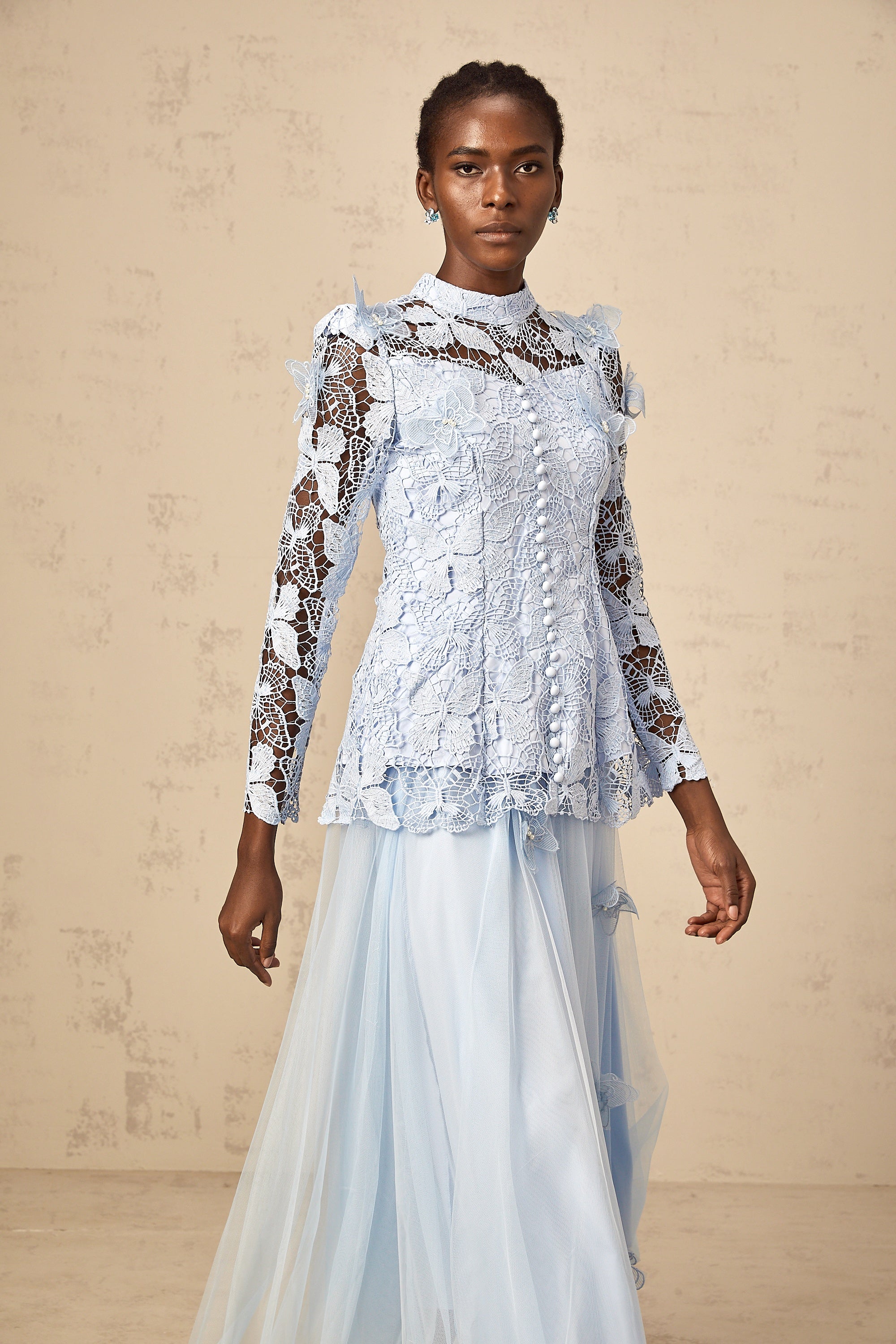 Nicolette blue sequined lace top & skirt matching set