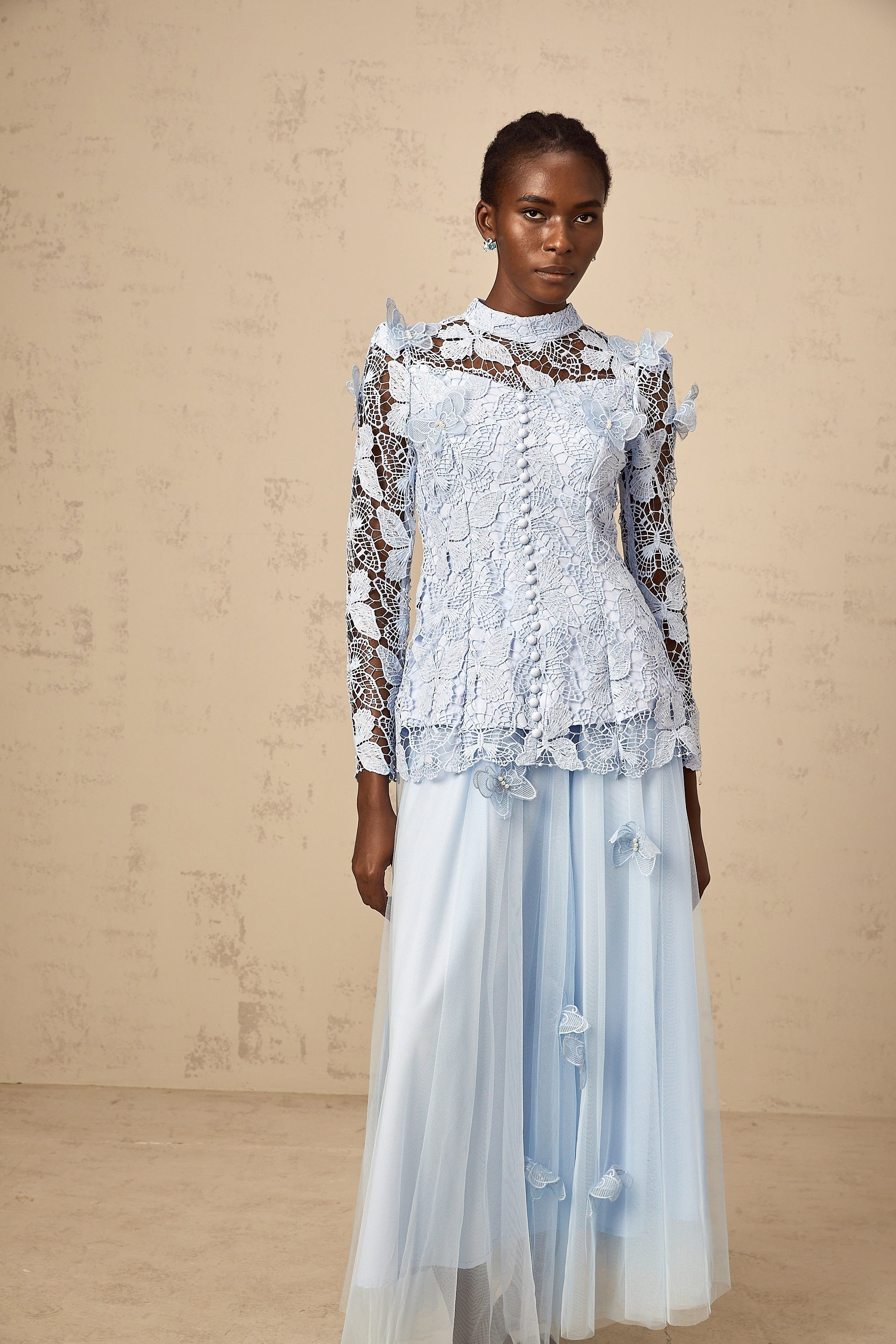 Nicolette blue sequined lace top & skirt matching set