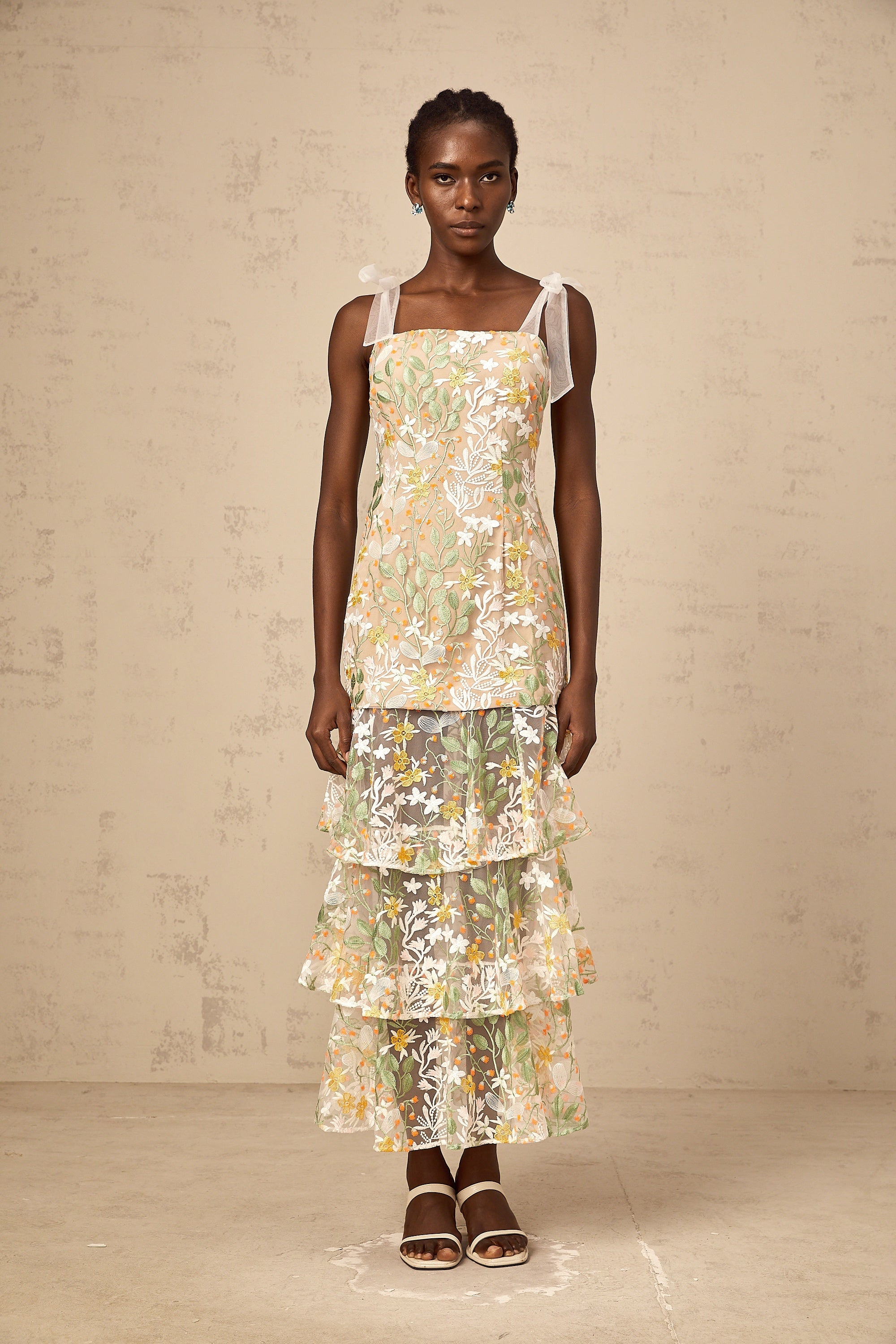Bérénice white flower-embroidered tiered midi dress