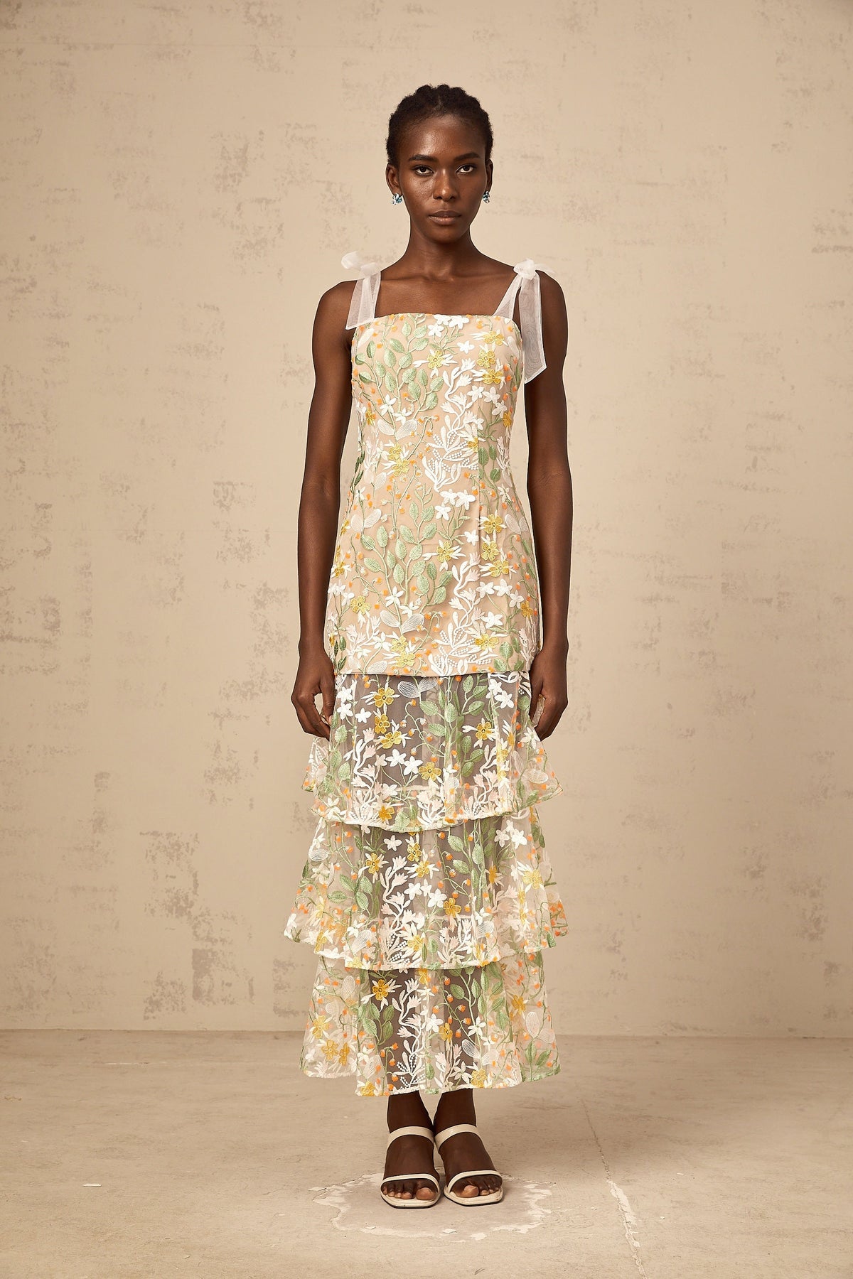 Bérénice white flower-embroidered tiered midi dress