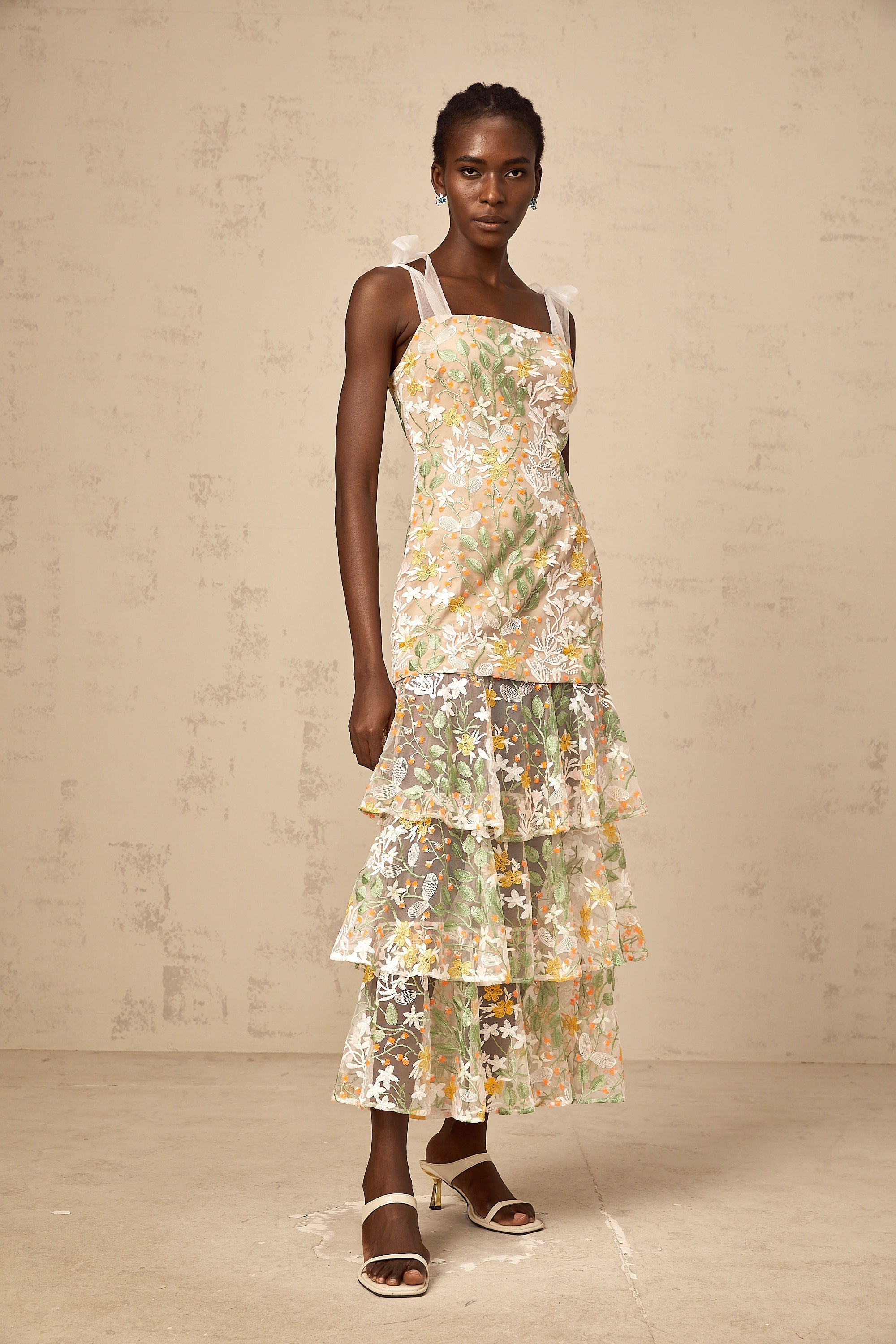 Bérénice white flower-embroidered tiered midi dress