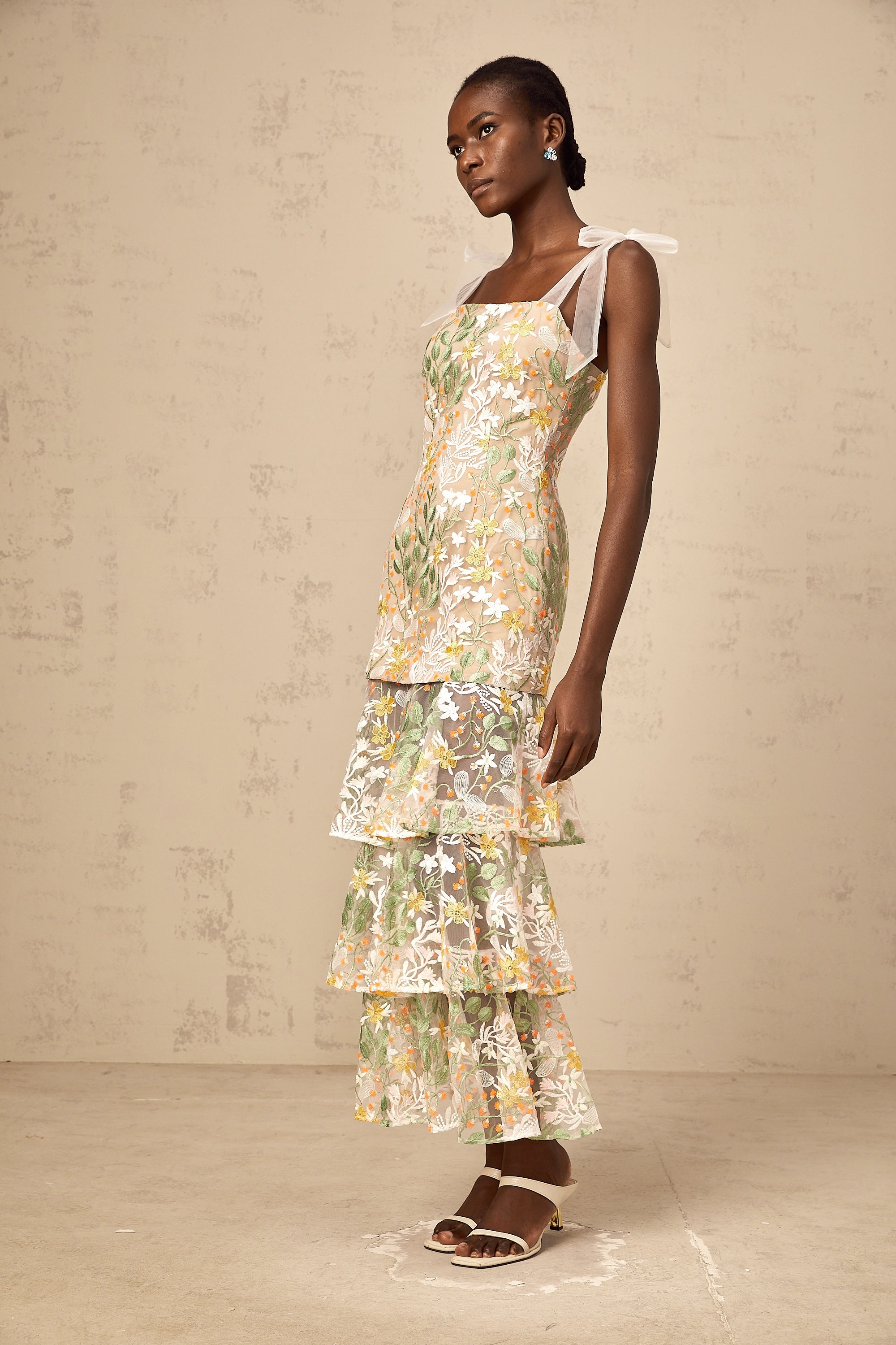 Bérénice white flower-embroidered tiered midi dress