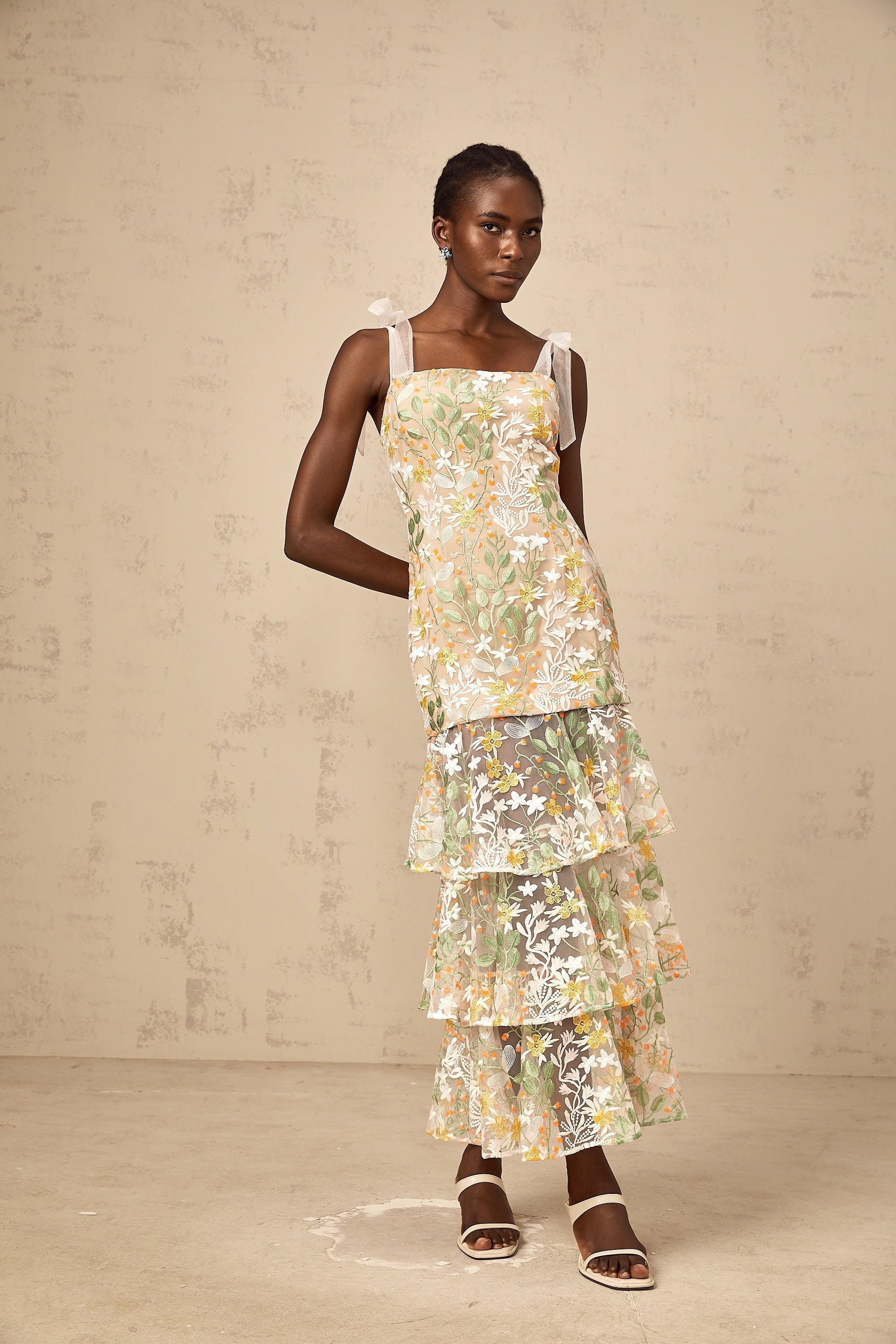 Bérénice white flower-embroidered tiered midi dress