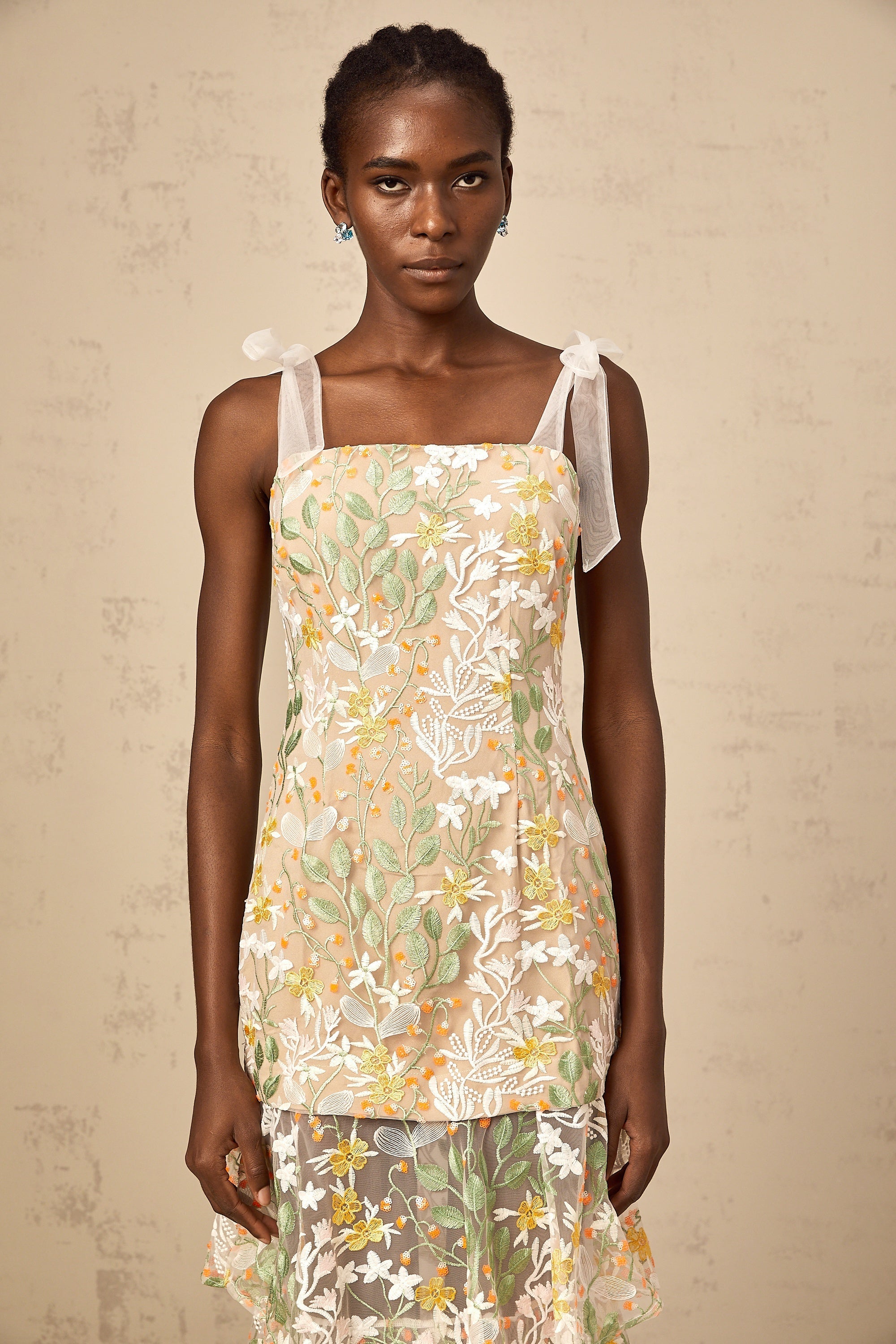 Bérénice white flower-embroidered tiered midi dress