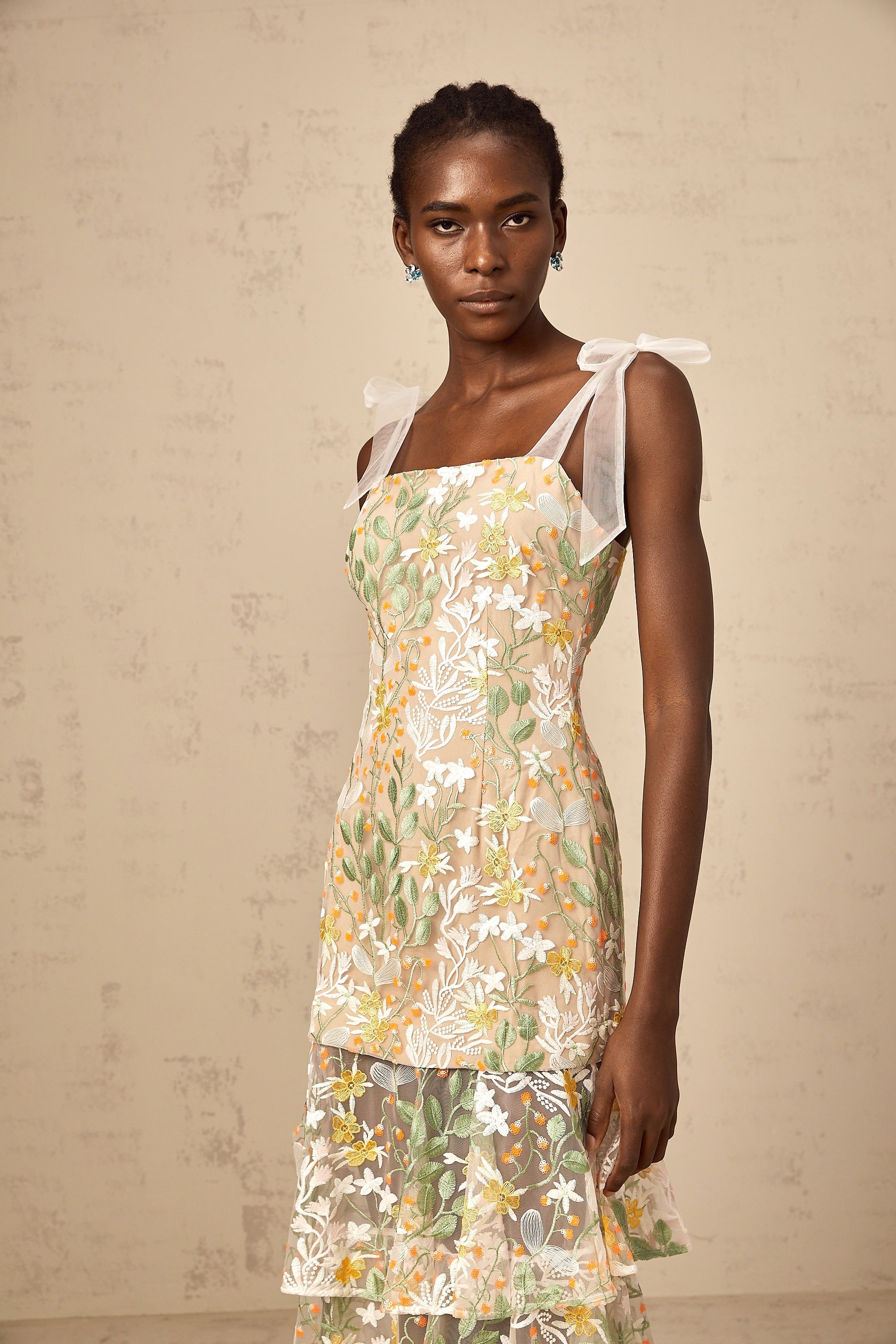 Bérénice white flower-embroidered tiered midi dress