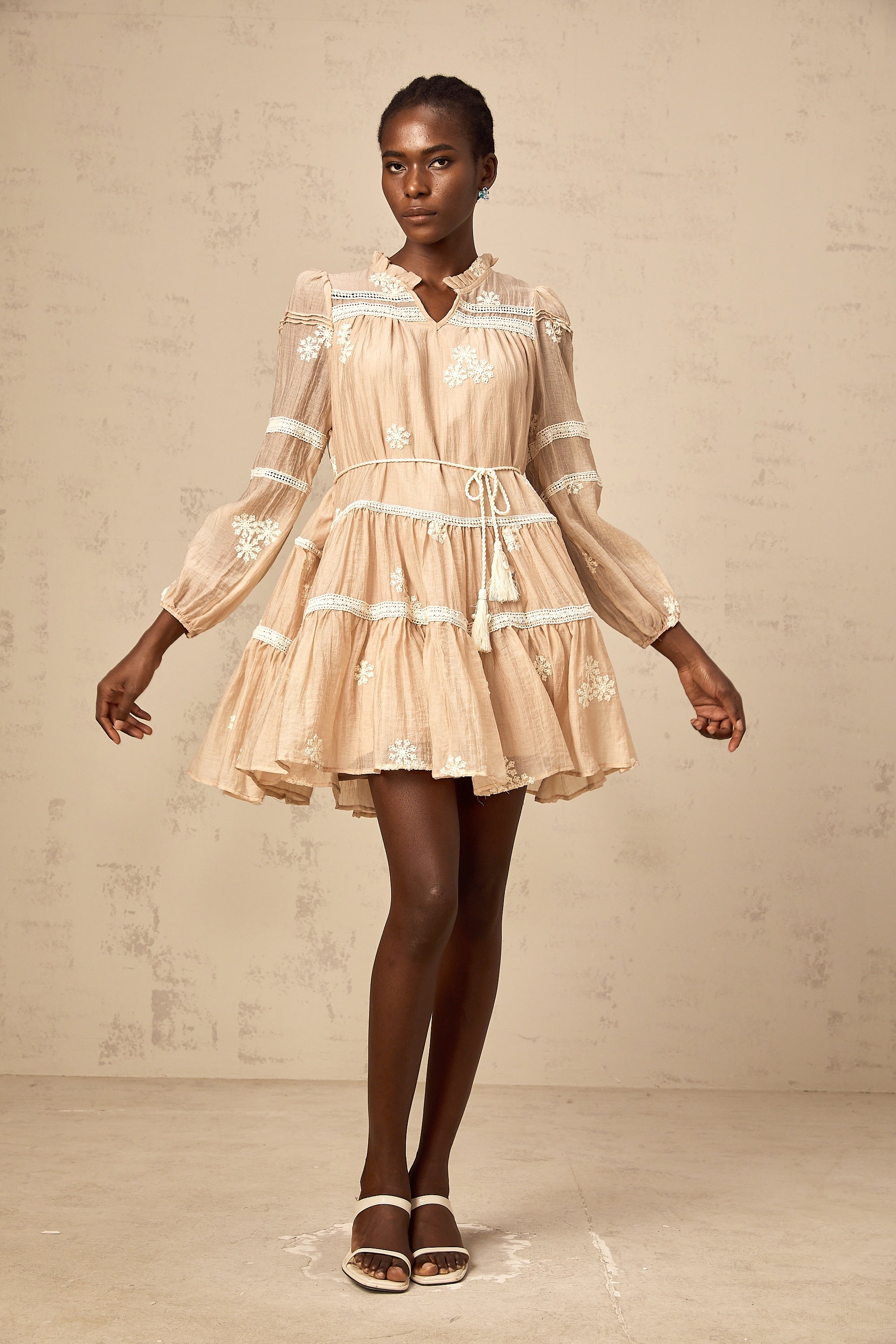 Margaux neutrals flower-embroidered tiered mini dress