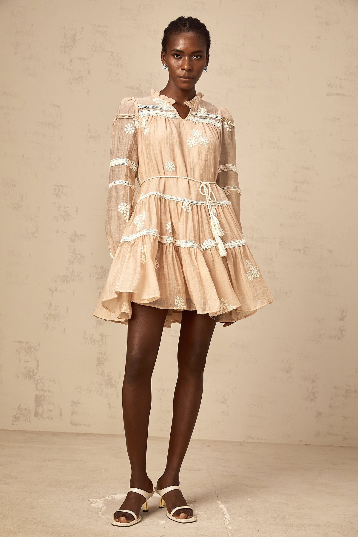 Margaux neutrals flower-embroidered tiered mini dress