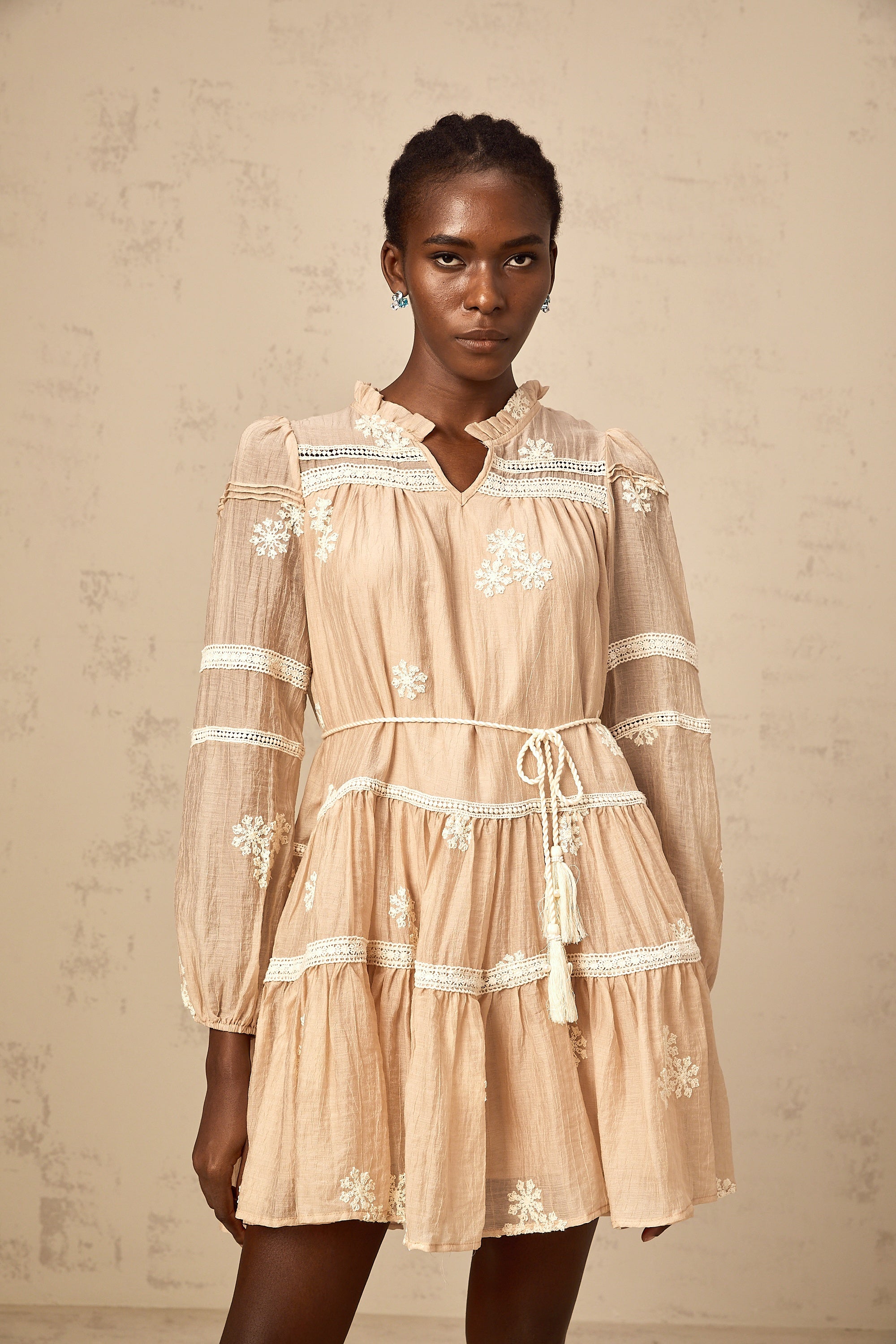 Margaux neutrals flower-embroidered tiered mini dress