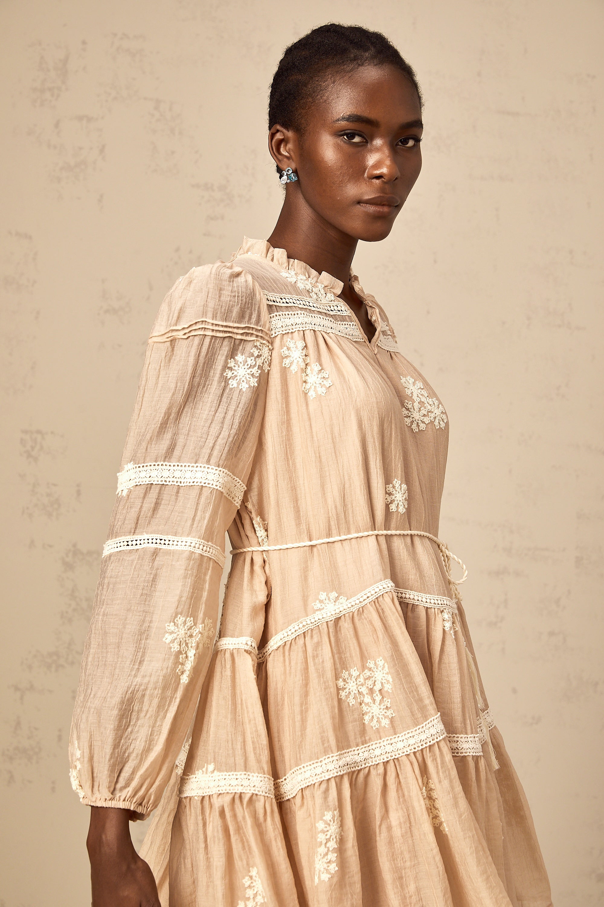 Margaux neutrals flower-embroidered tiered mini dress