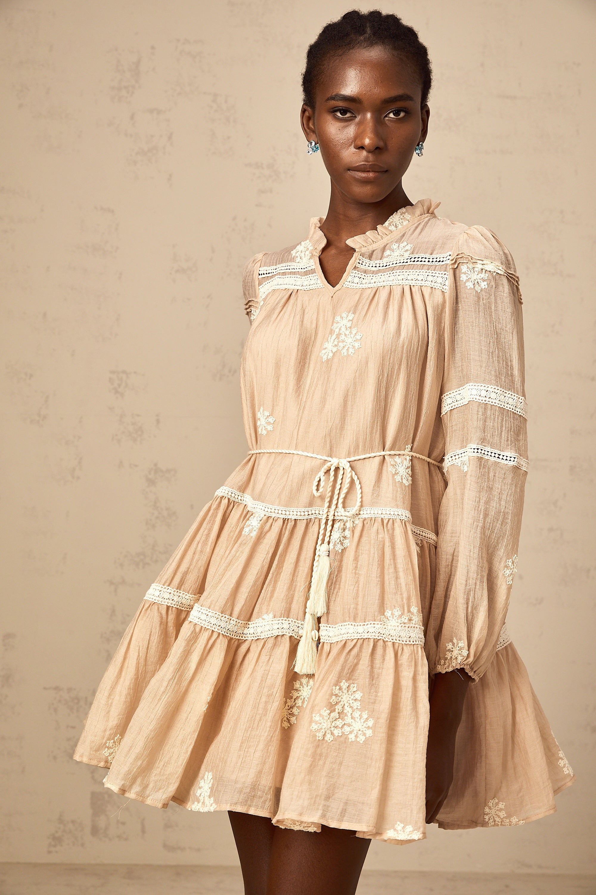 Margaux neutrals flower-embroidered tiered mini dress