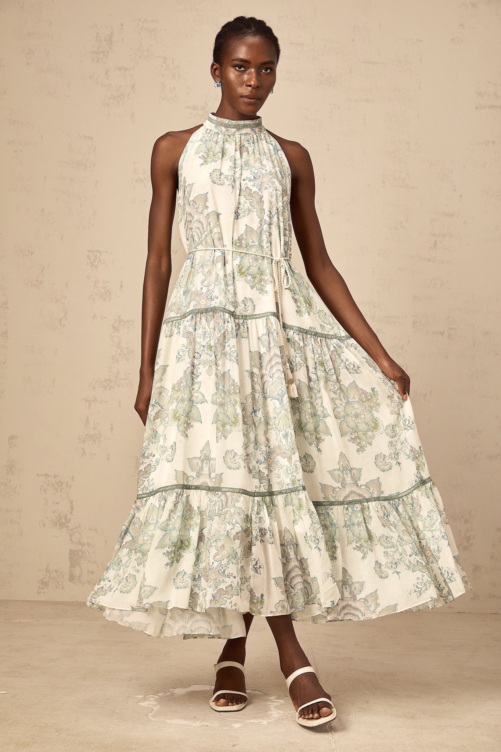 Ninon green floral-print pleated midi dress