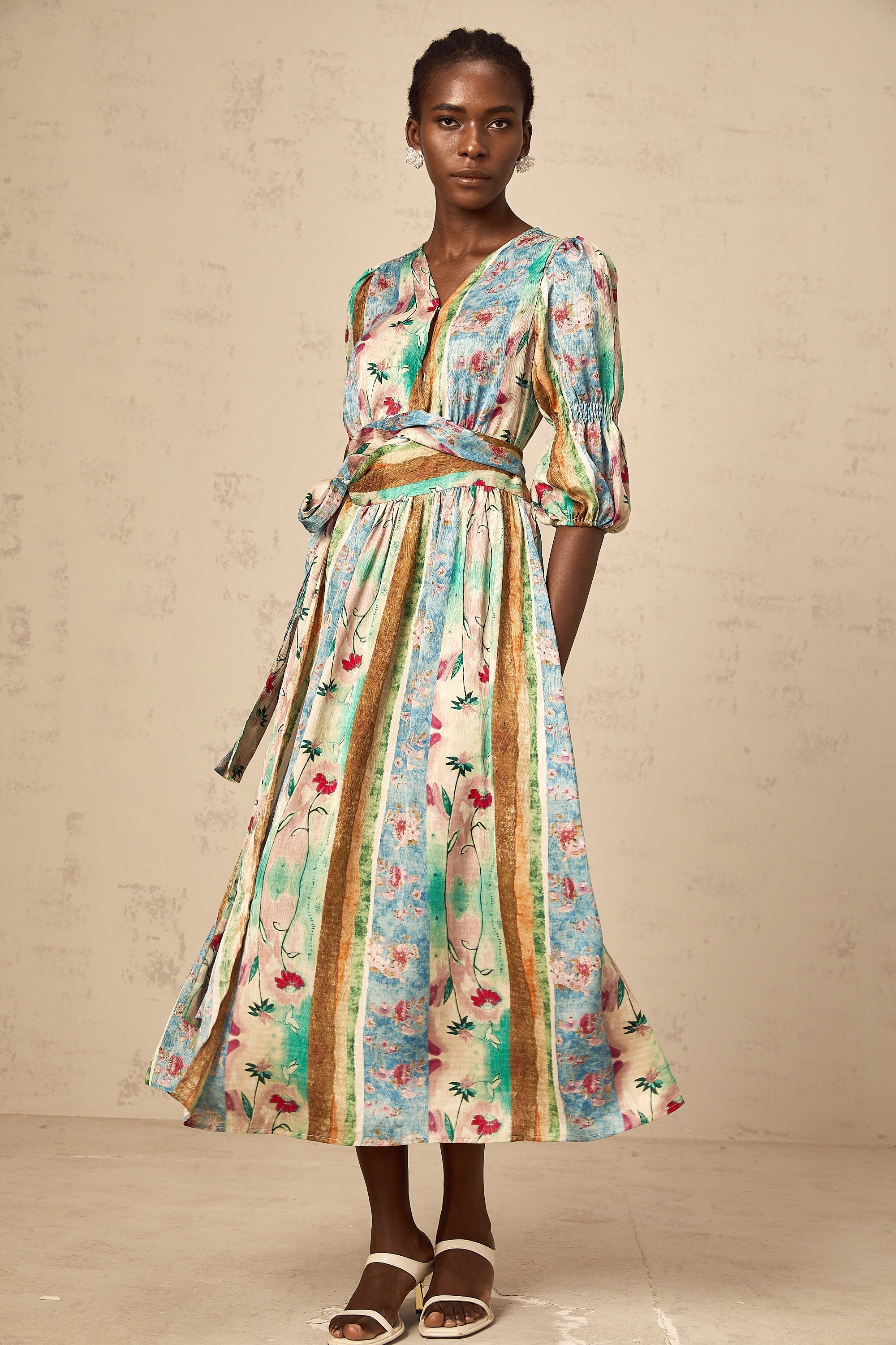 Cerise floral-print wrap midi dress