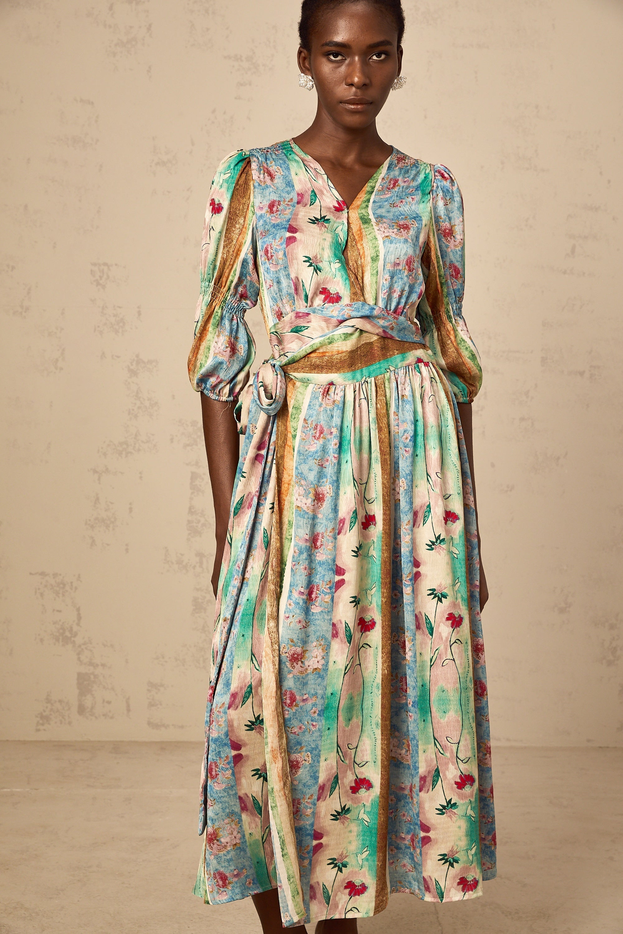 Cerise floral-print wrap midi dress