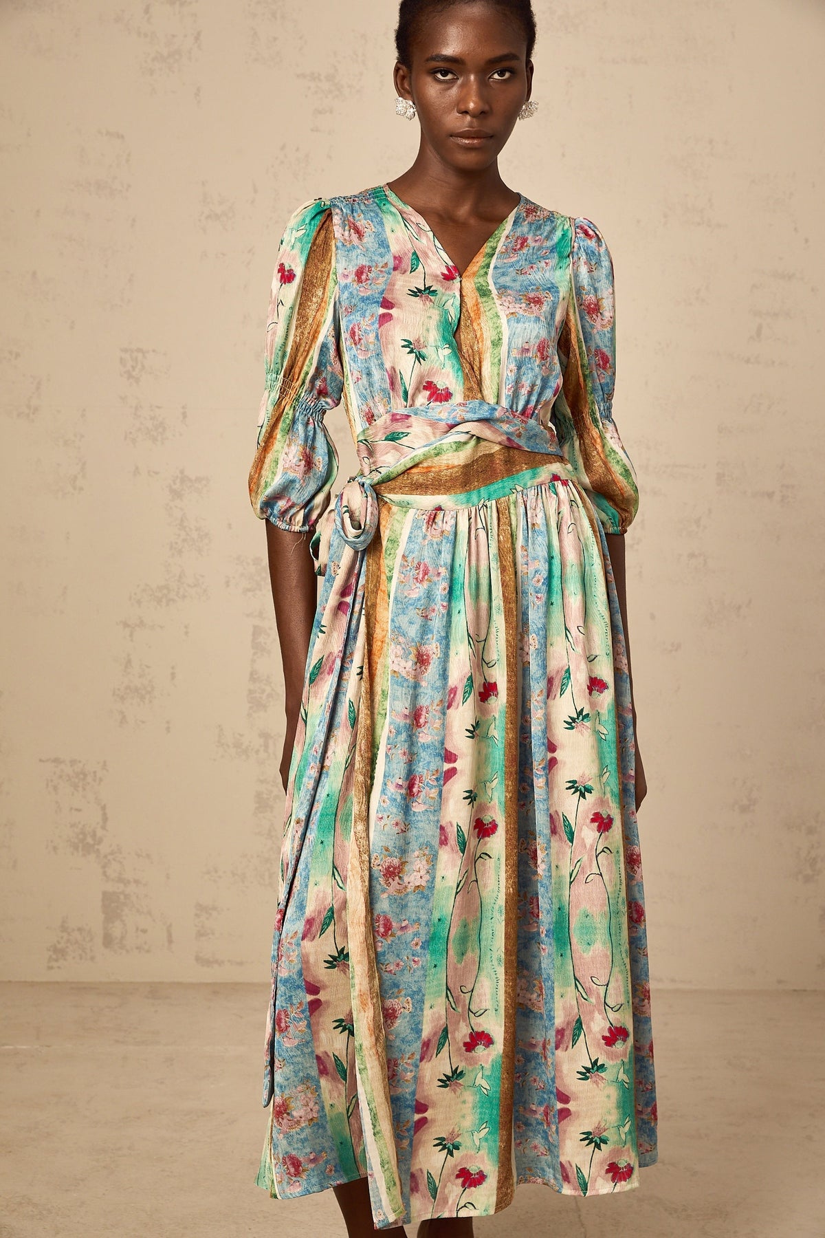 Cerise floral-print wrap midi dress
