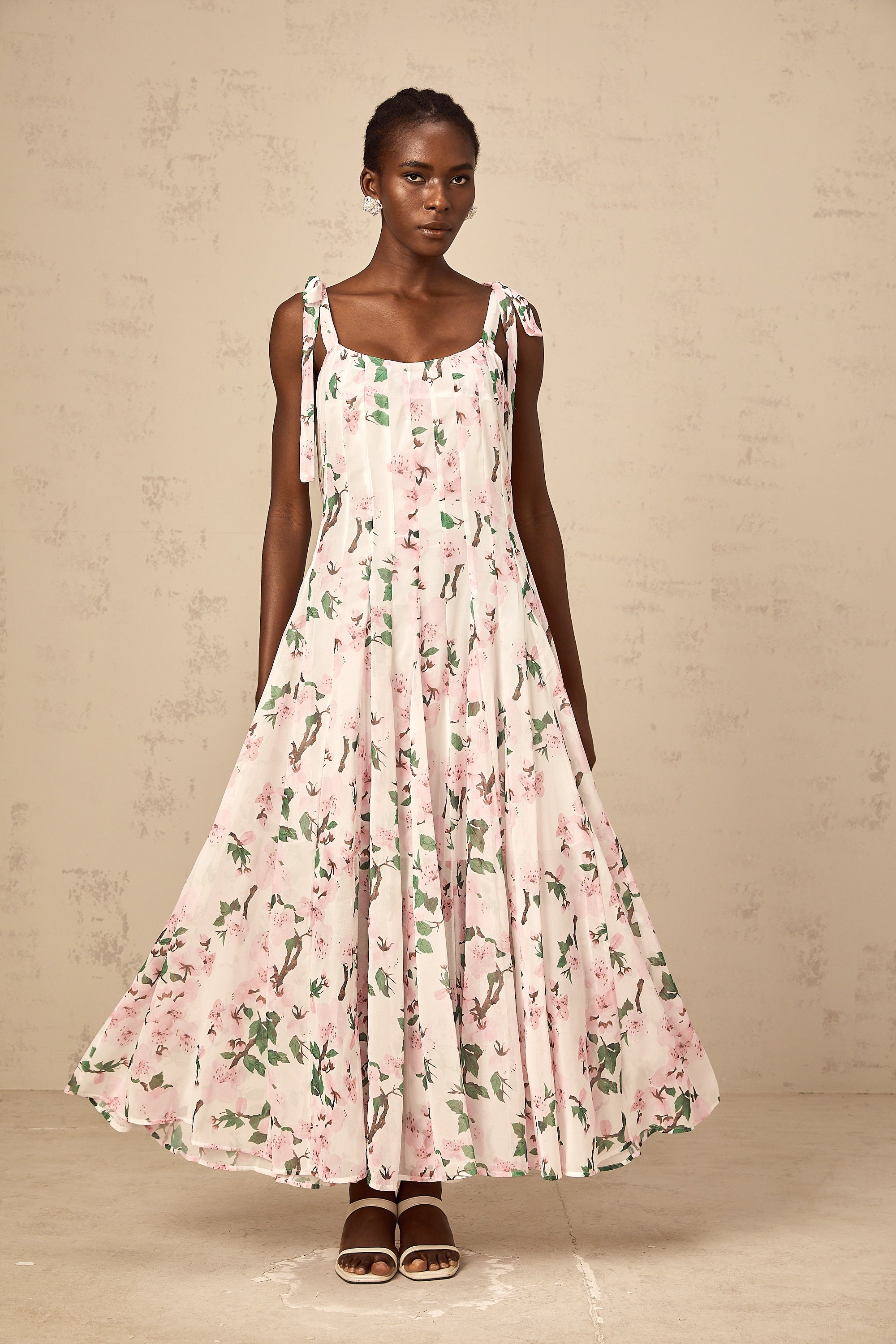 Noèle pink floral-print tied-strap maxi dress