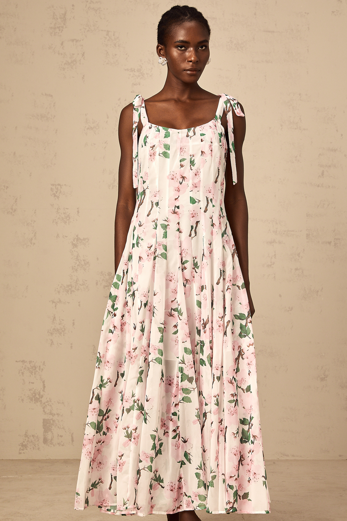 Noèle pink floral-print tied-strap maxi dress