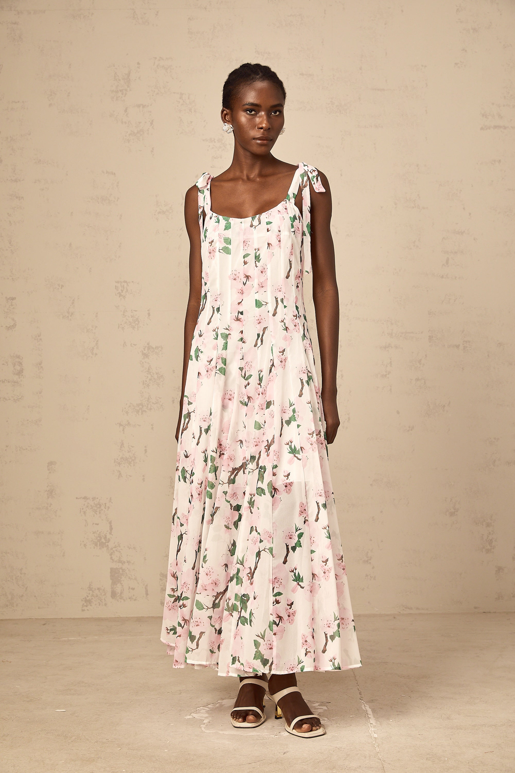 Noèle pink floral-print tied-strap maxi dress