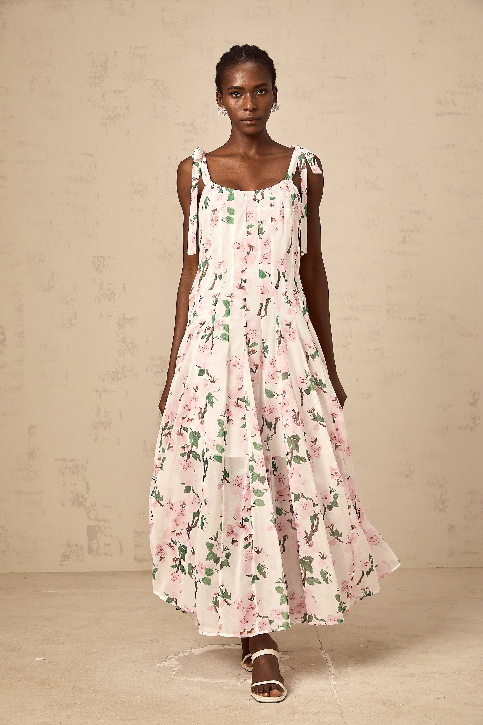 Noèle pink floral-print tied-strap maxi dress