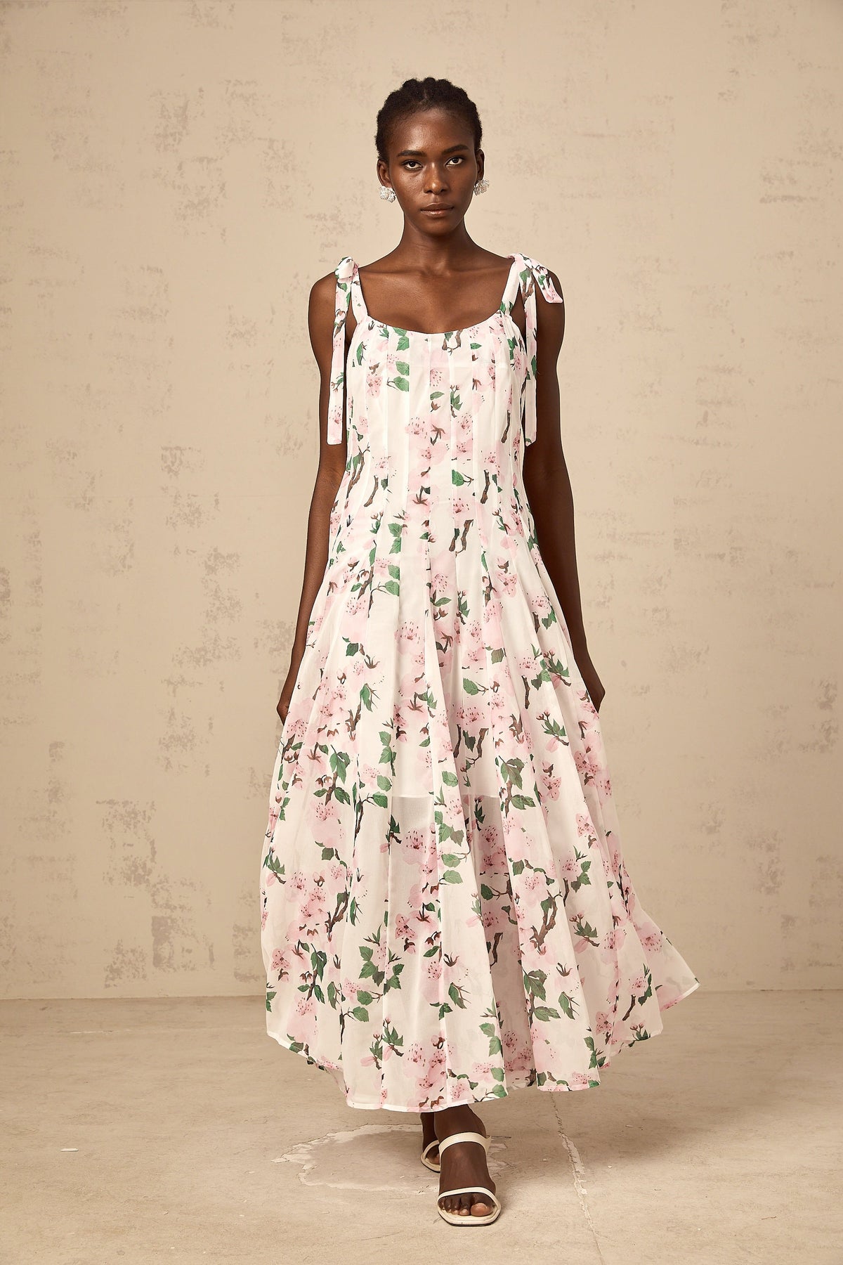 Noèle pink floral-print tied-strap maxi dress