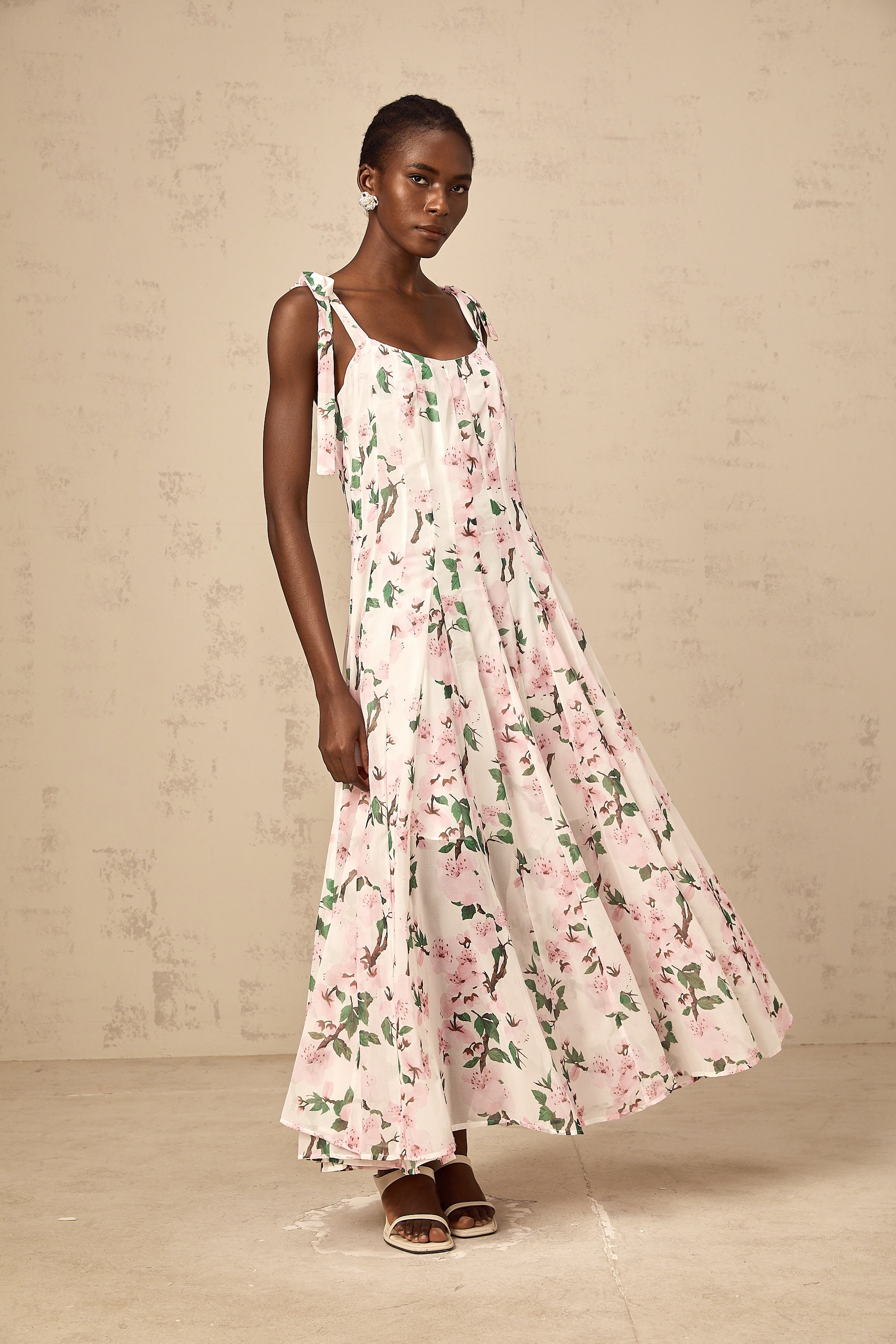 Noèle pink floral-print tied-strap maxi dress