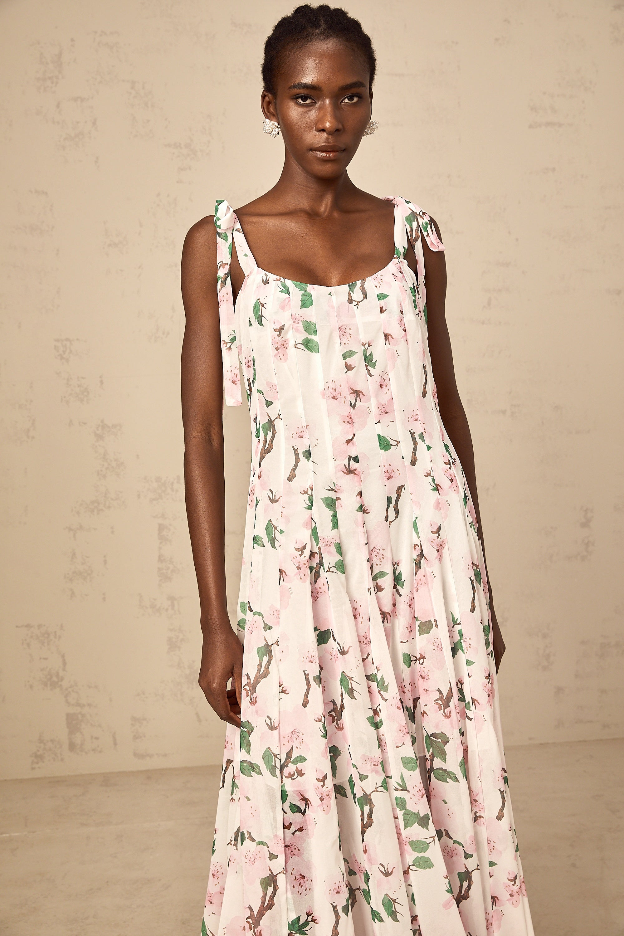 Noèle pink floral-print tied-strap maxi dress