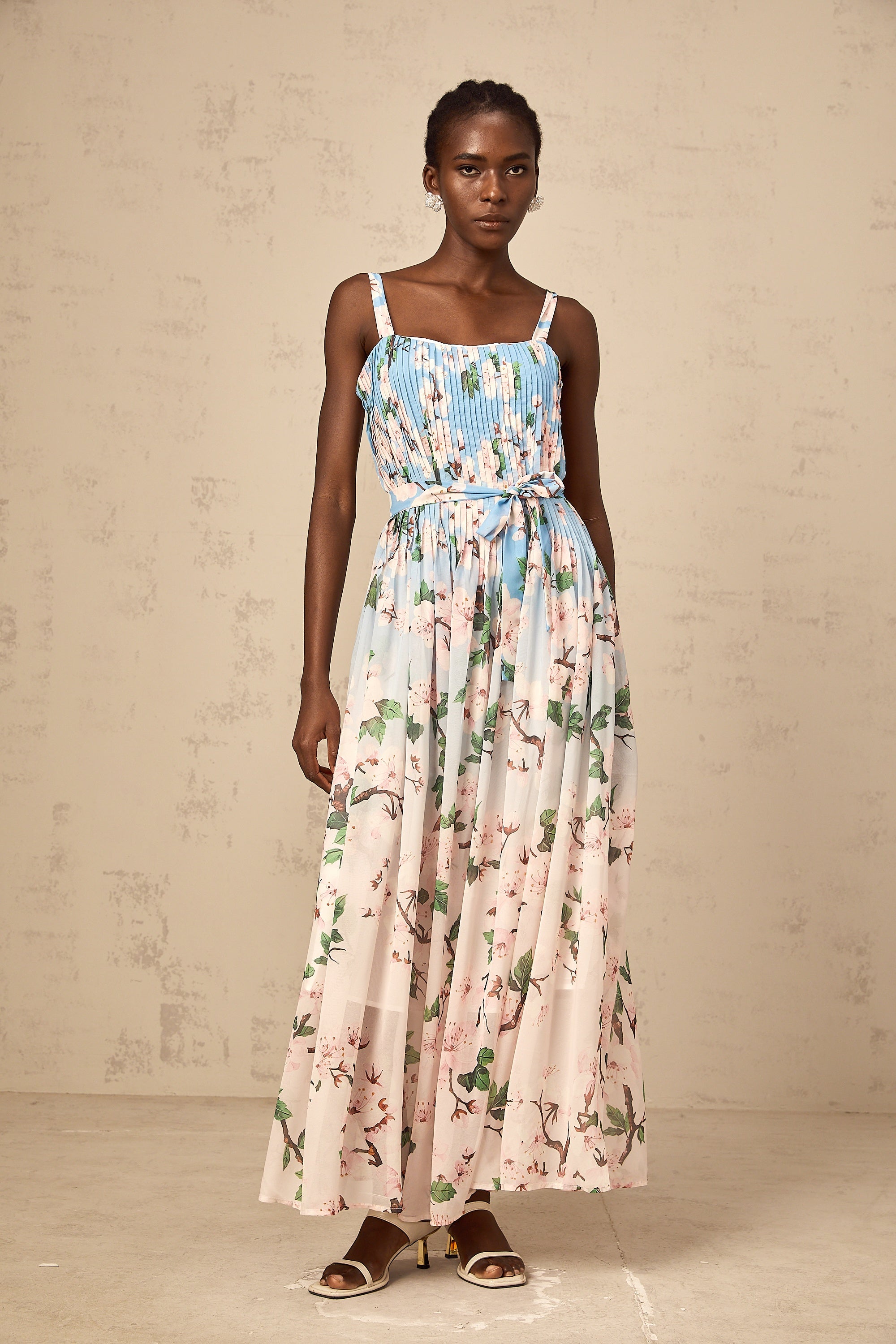 Océane blue floral-print pleated maxi dress