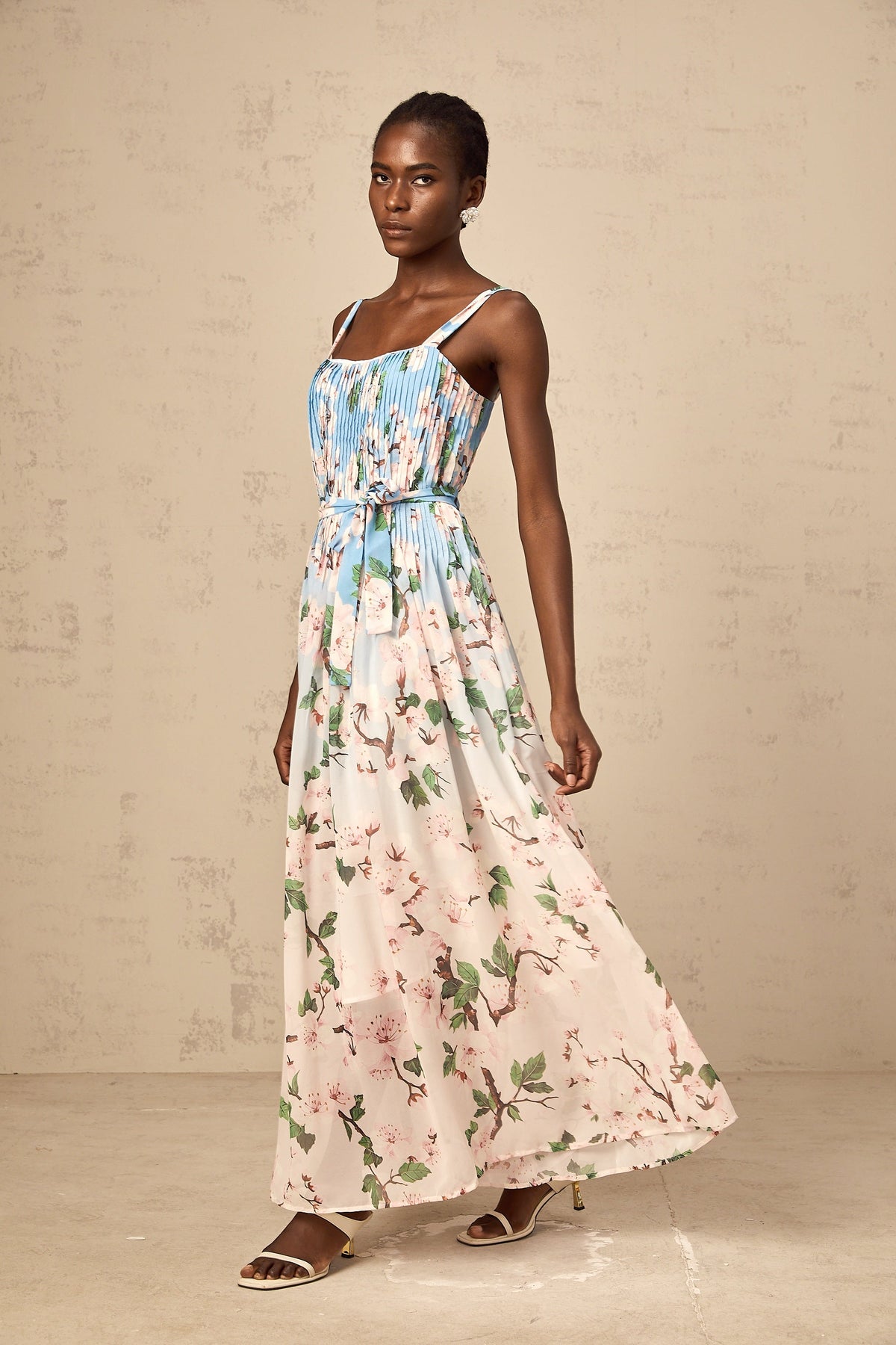 Océane blue floral-print pleated maxi dress