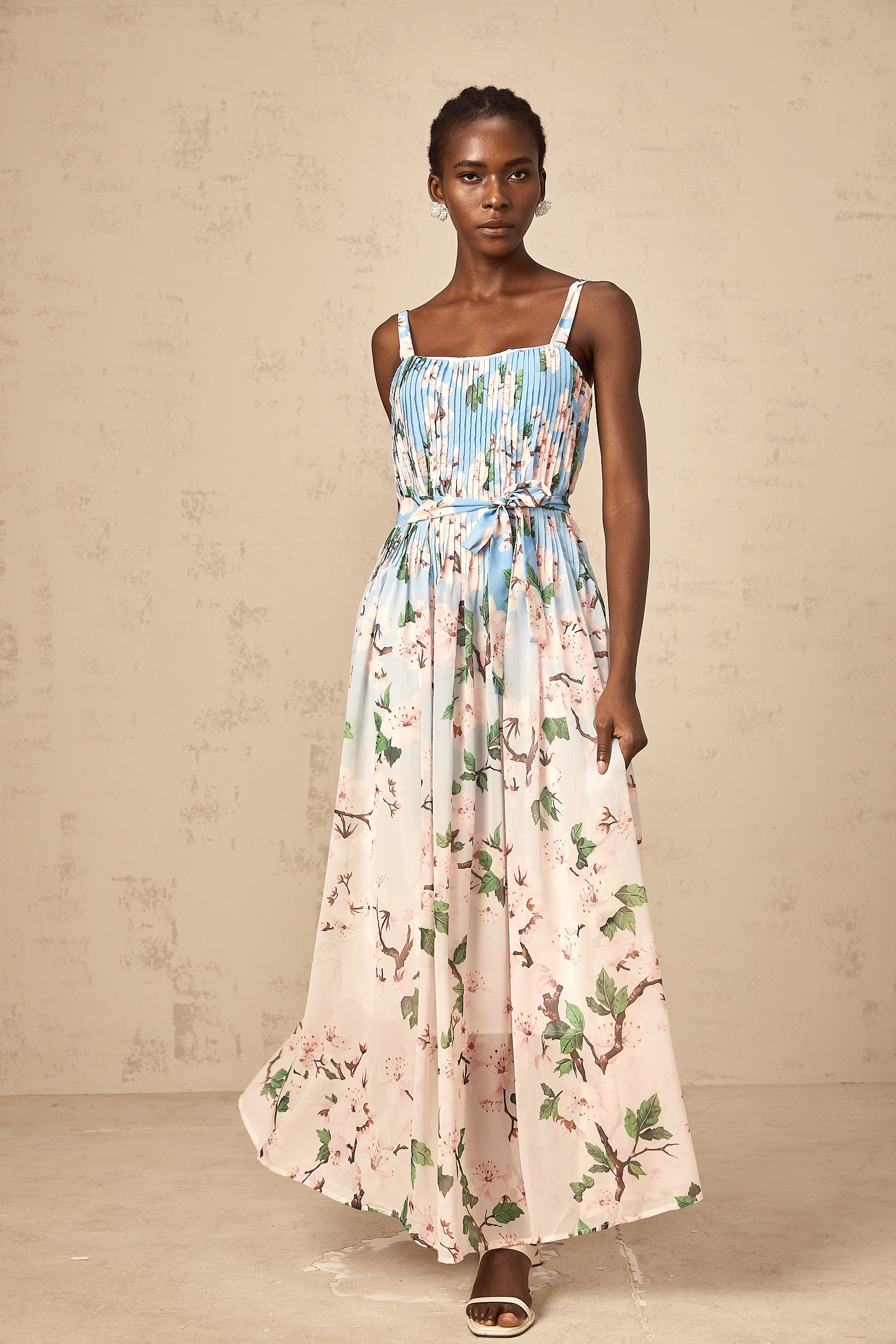 Océane blue floral-print pleated maxi dress
