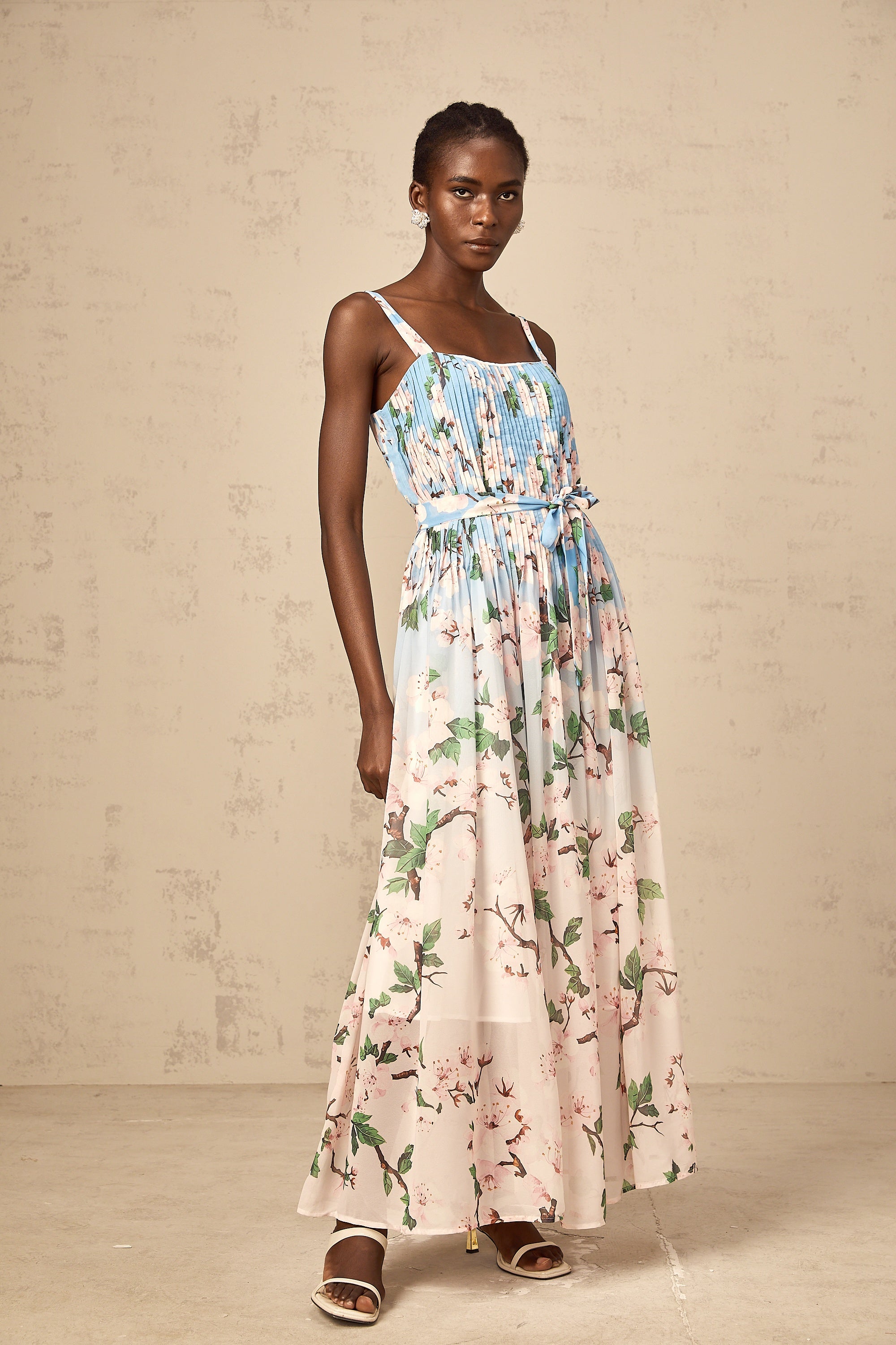 Océane blue floral-print pleated maxi dress