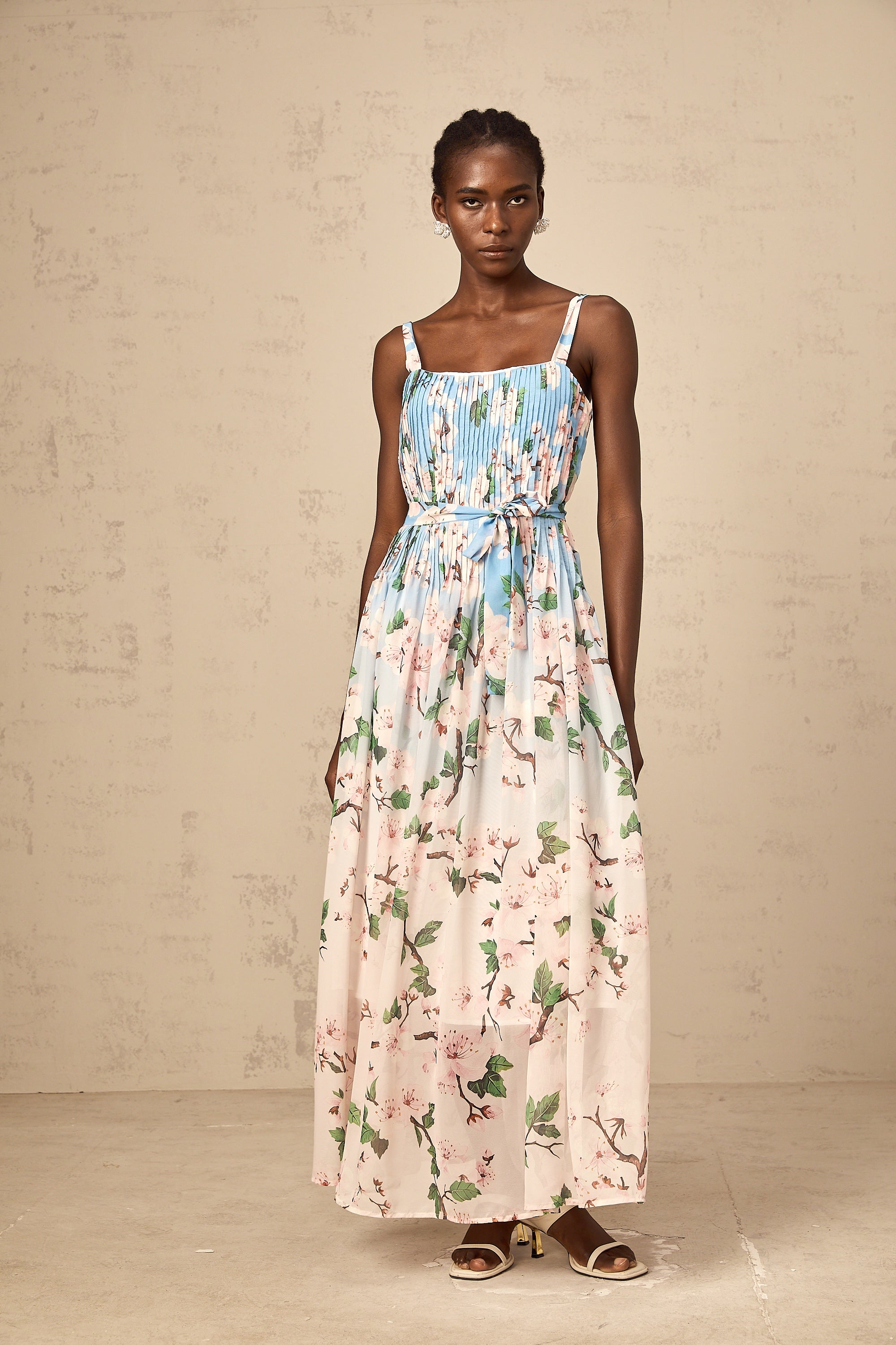 Océane blue floral-print pleated maxi dress