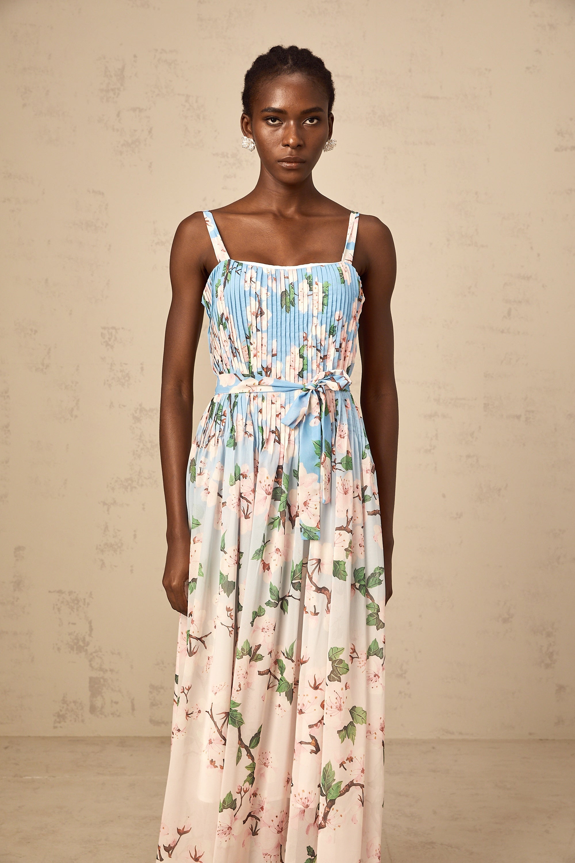 Océane blue floral-print pleated maxi dress