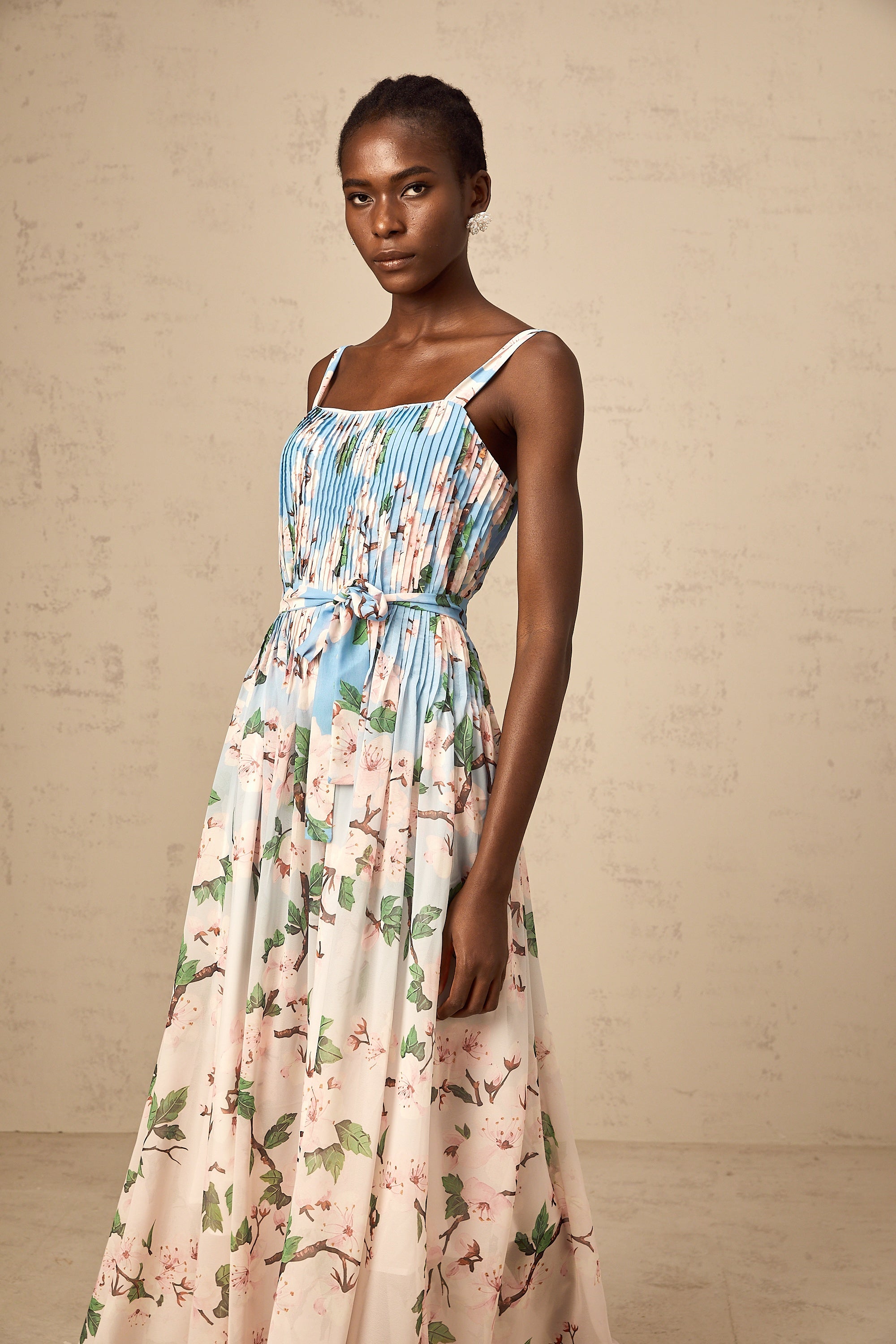 Océane blue floral-print pleated maxi dress