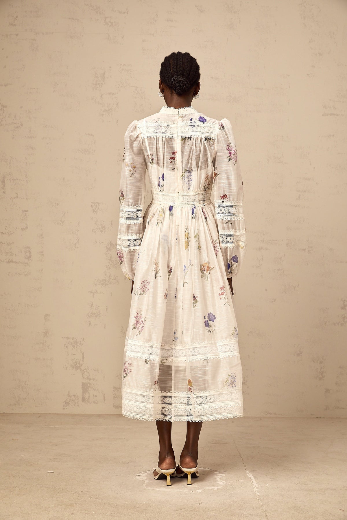Vivienne white lace-trim floral-print midi dress