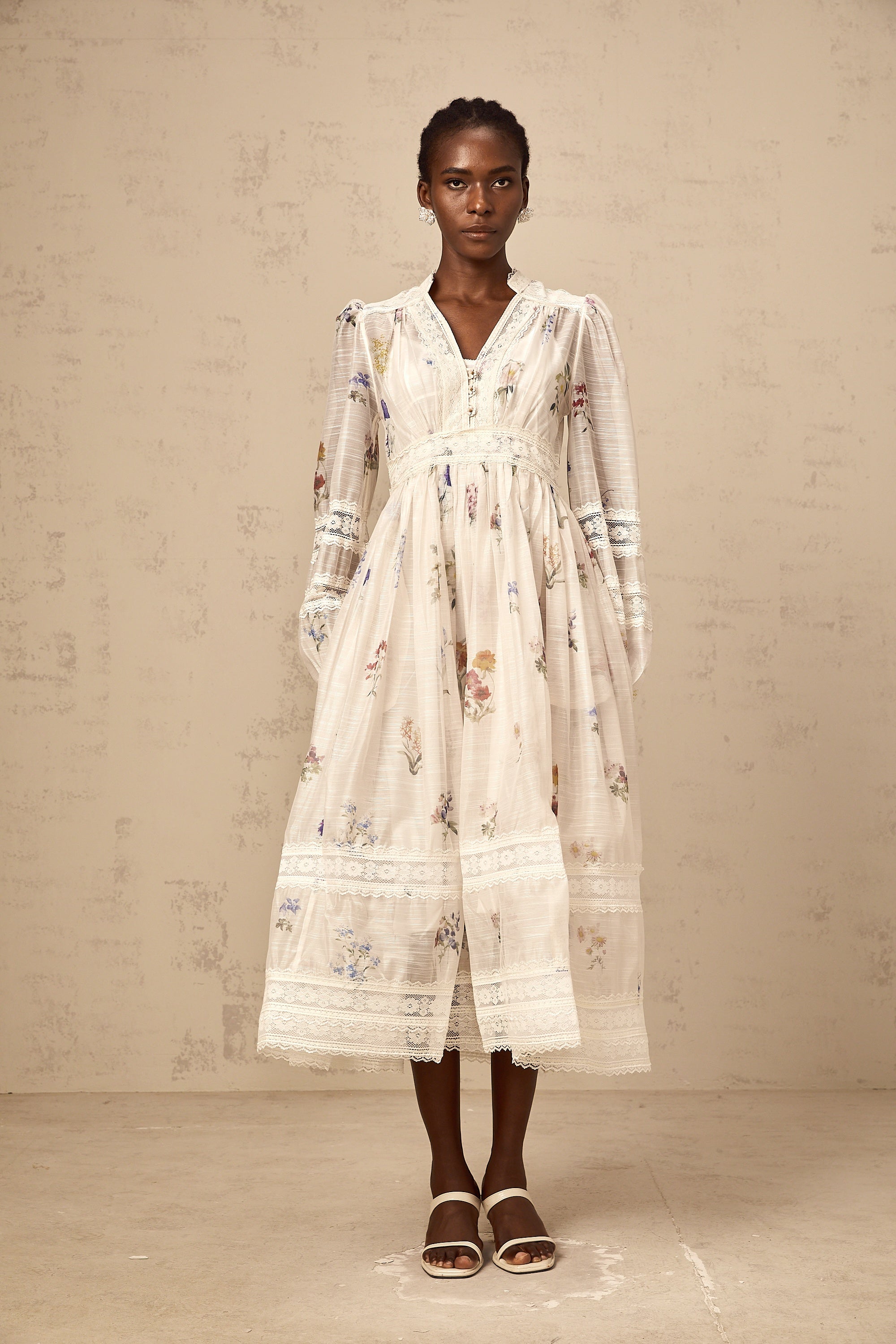 Vivienne white lace-trim floral-print midi dress