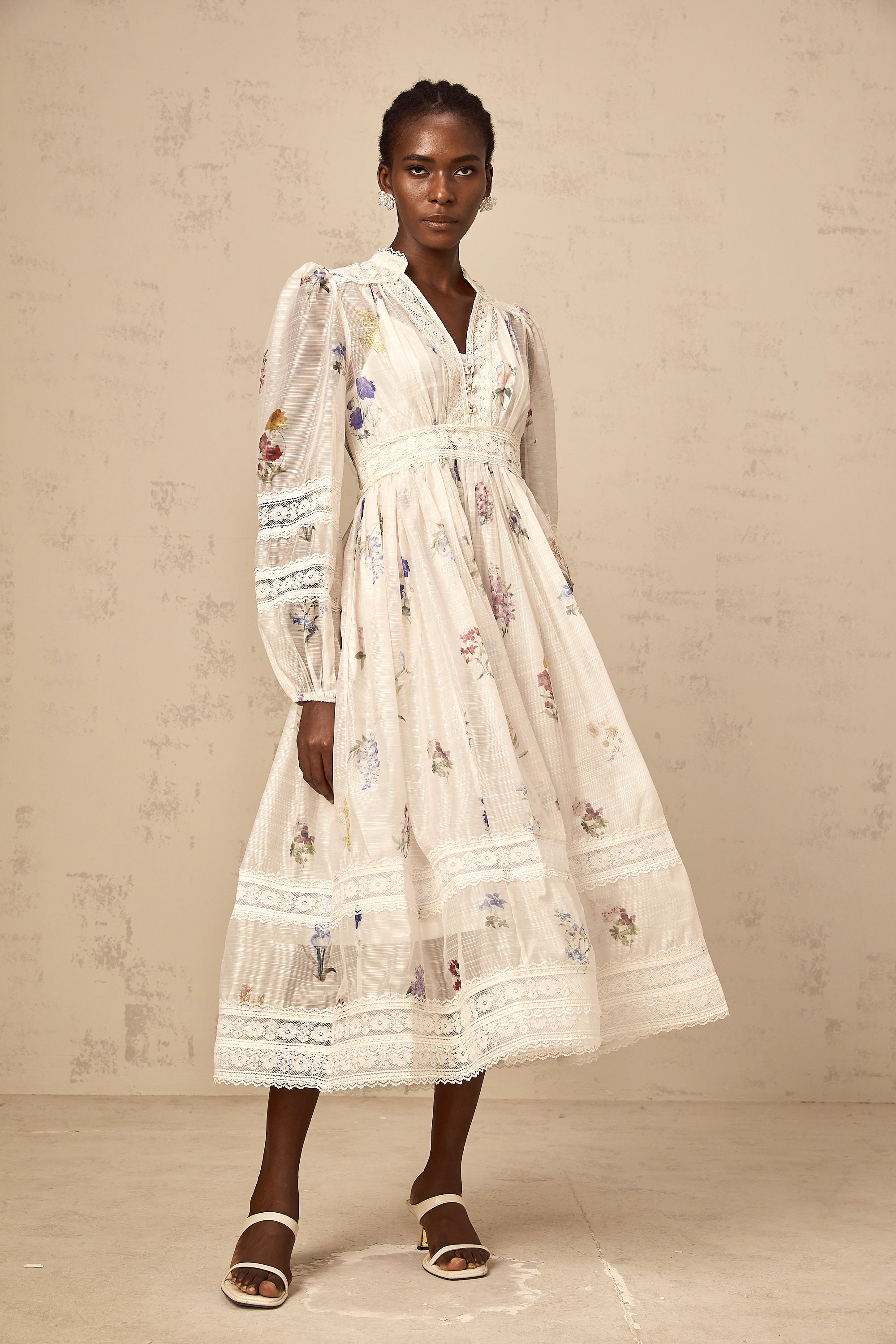 Vivienne white lace-trim floral-print midi dress