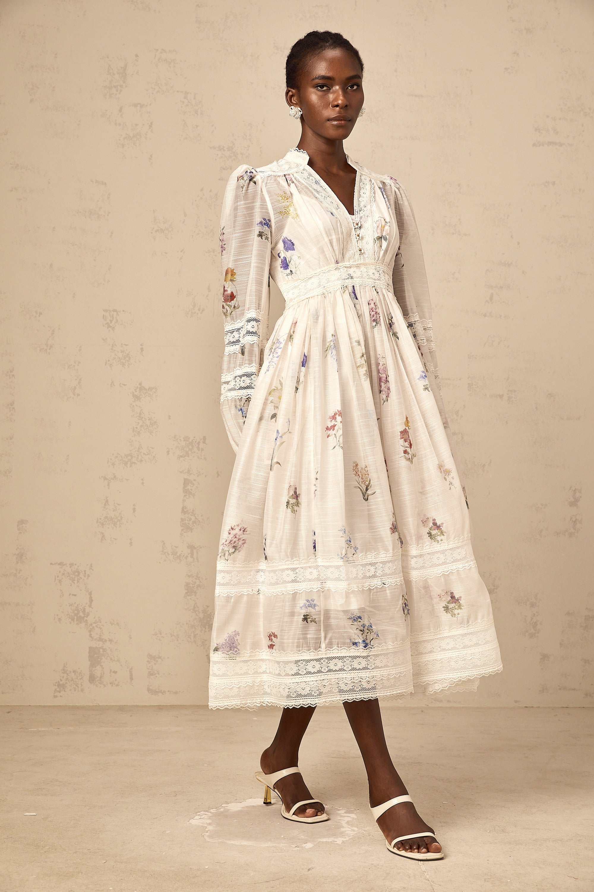 Vivienne white lace-trim floral-print midi dress