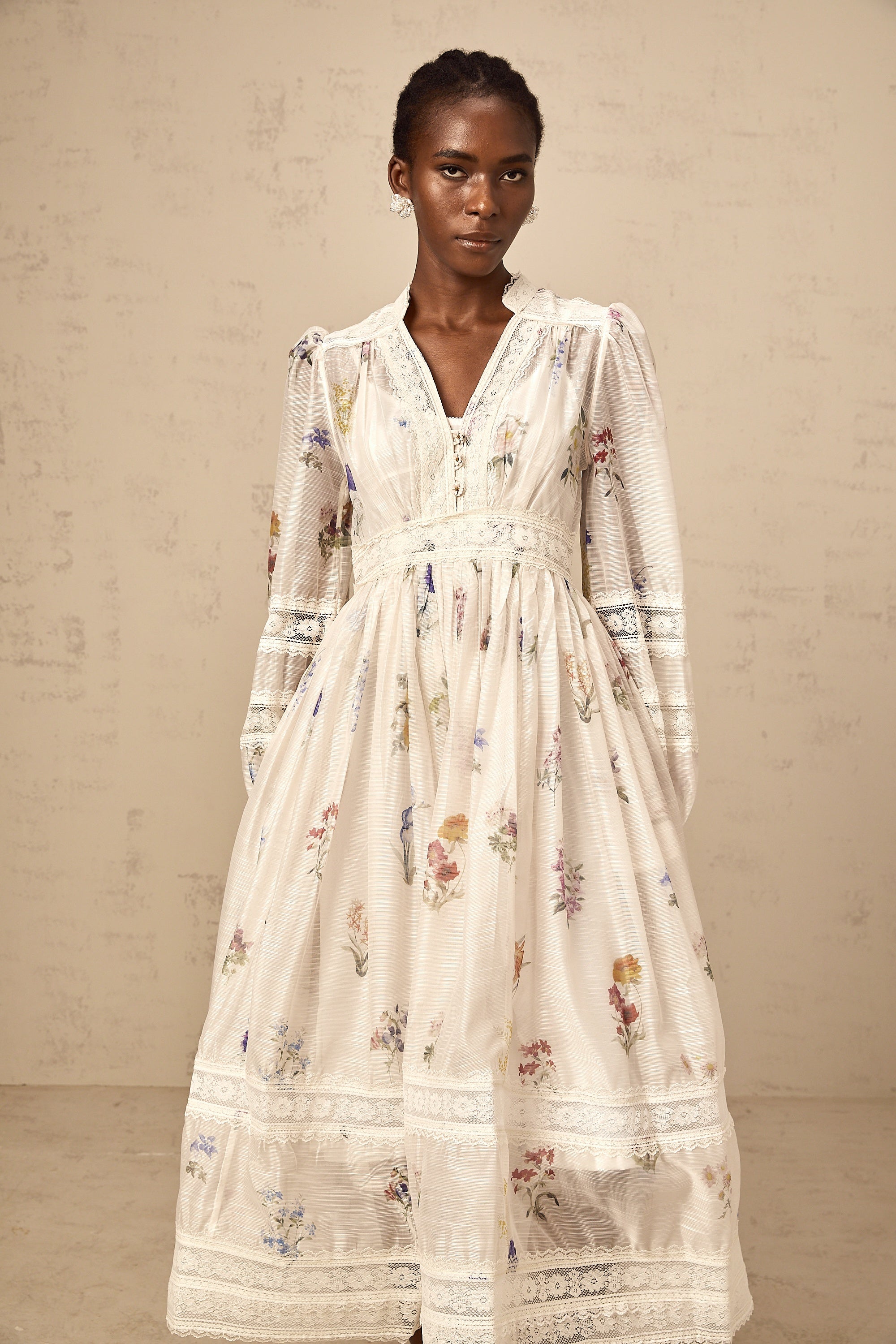 Vivienne white lace-trim floral-print midi dress