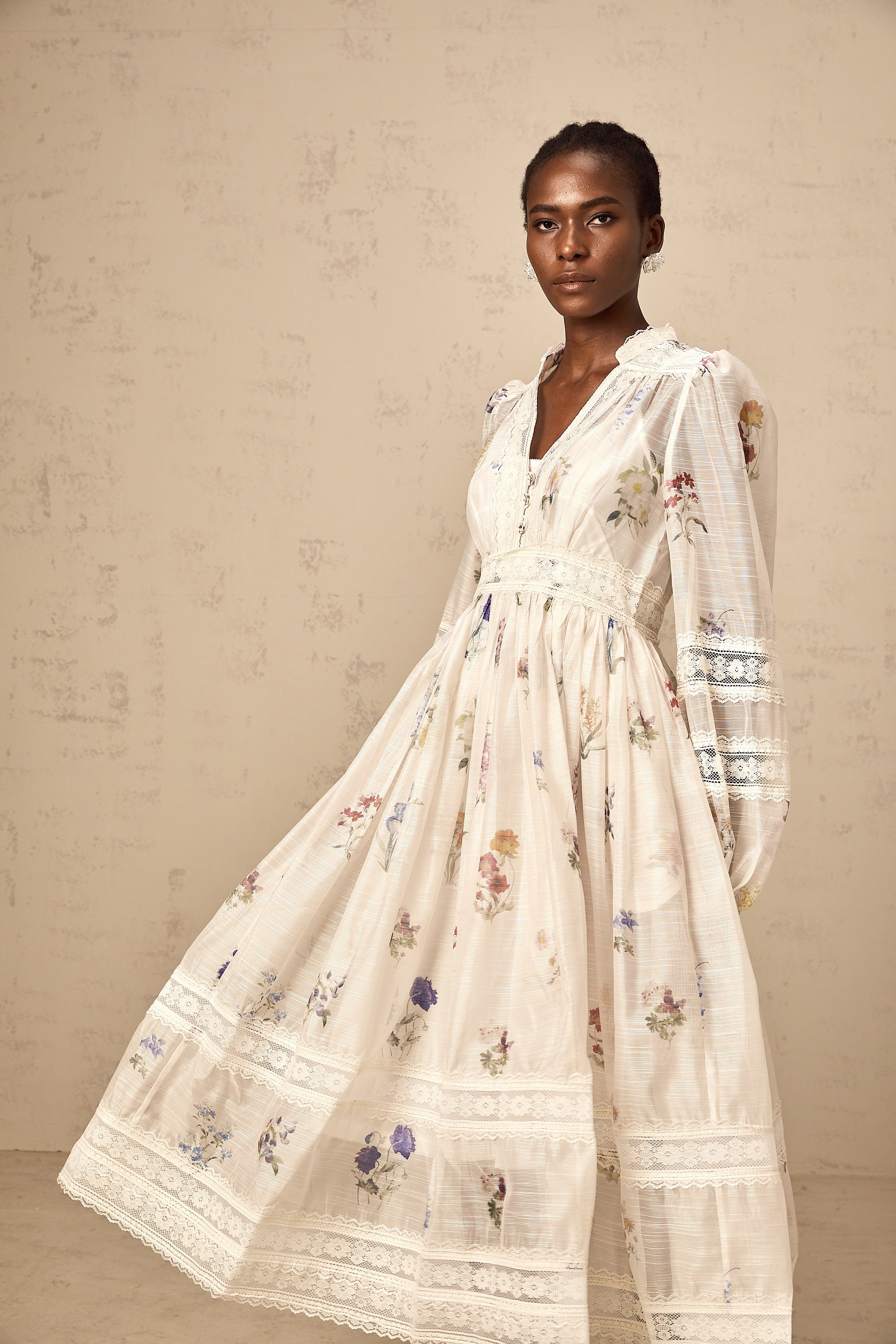 Vivienne white lace-trim floral-print midi dress