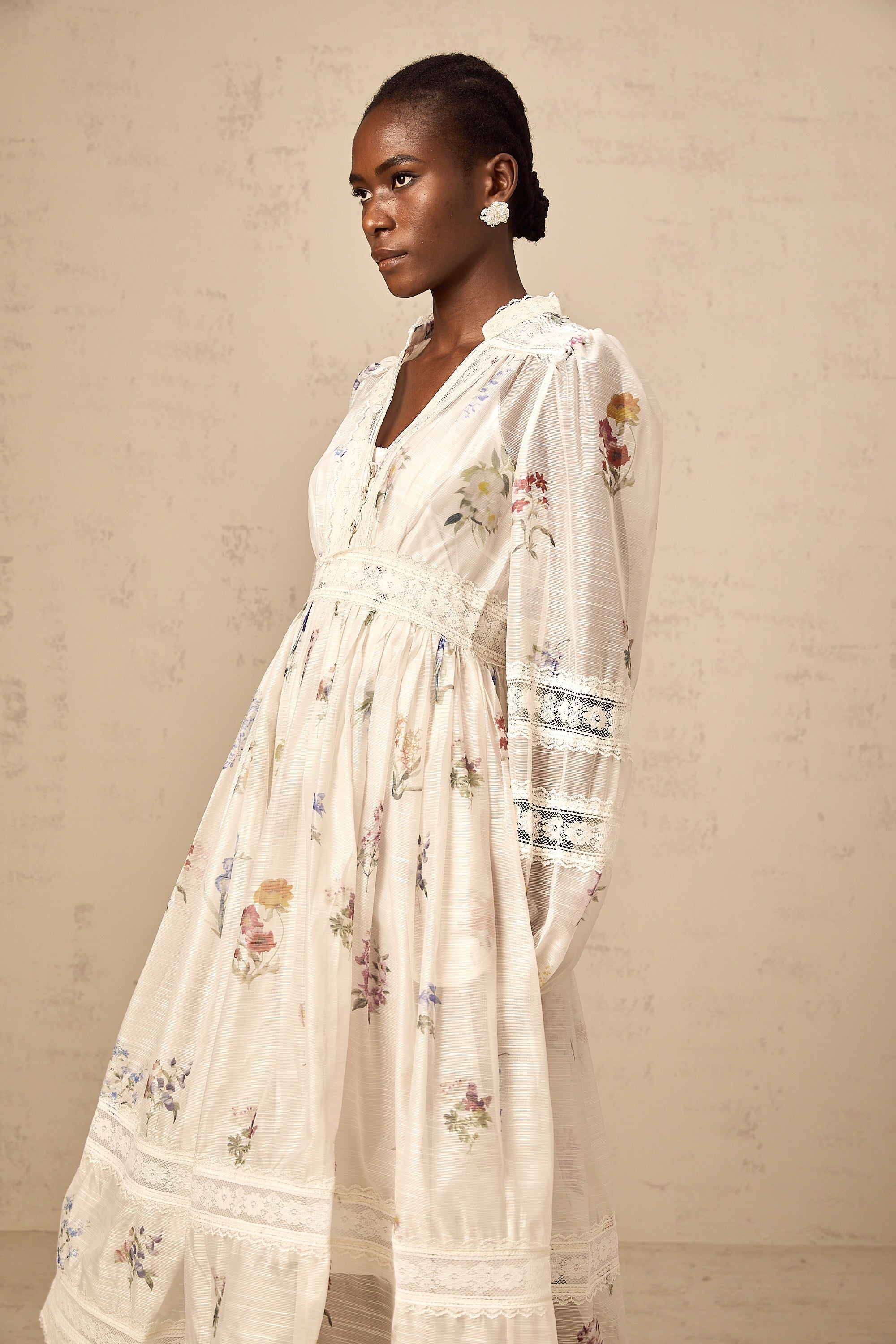 Vivienne white lace-trim floral-print midi dress