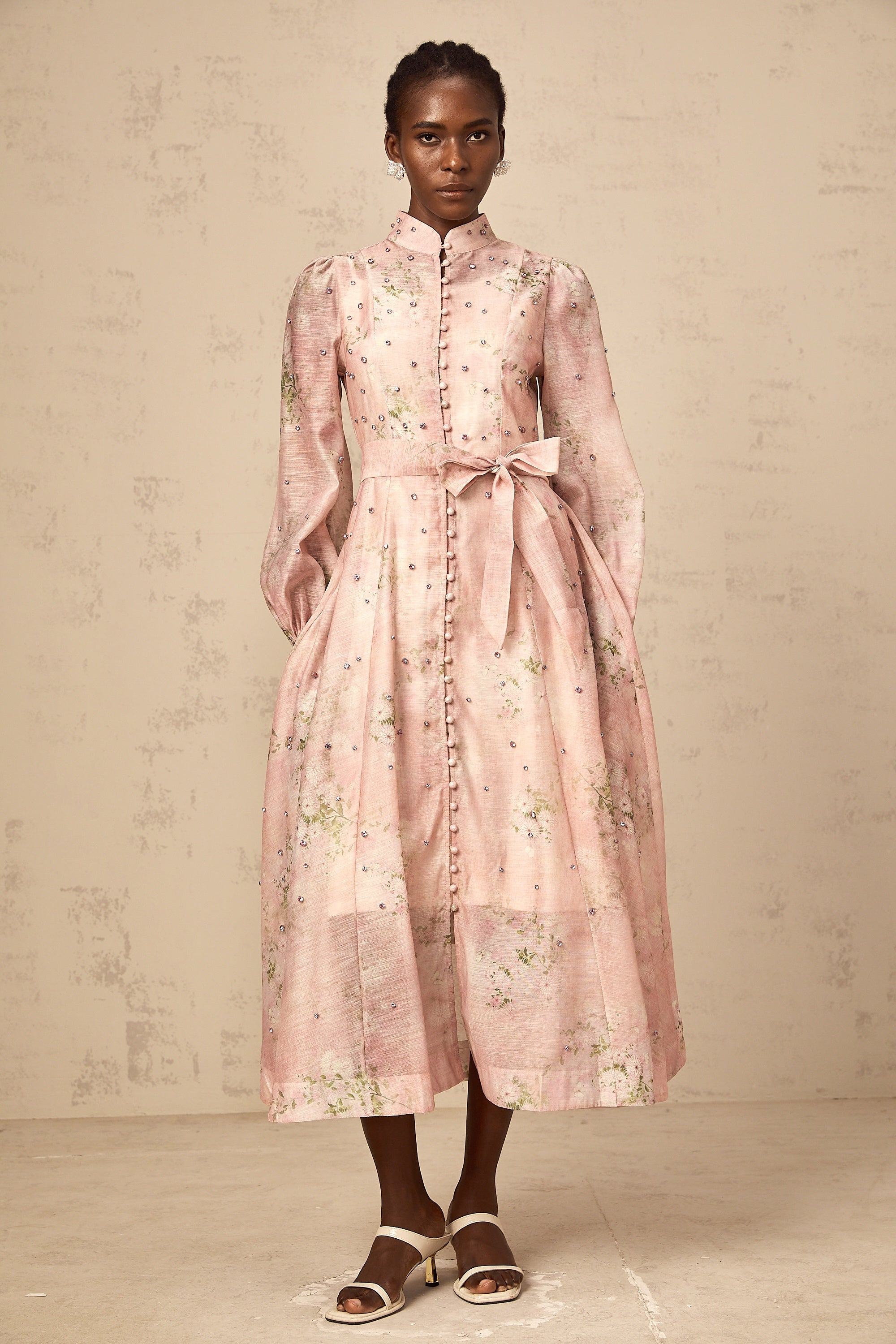 Narcisse pink embellished floral-print midi dress
