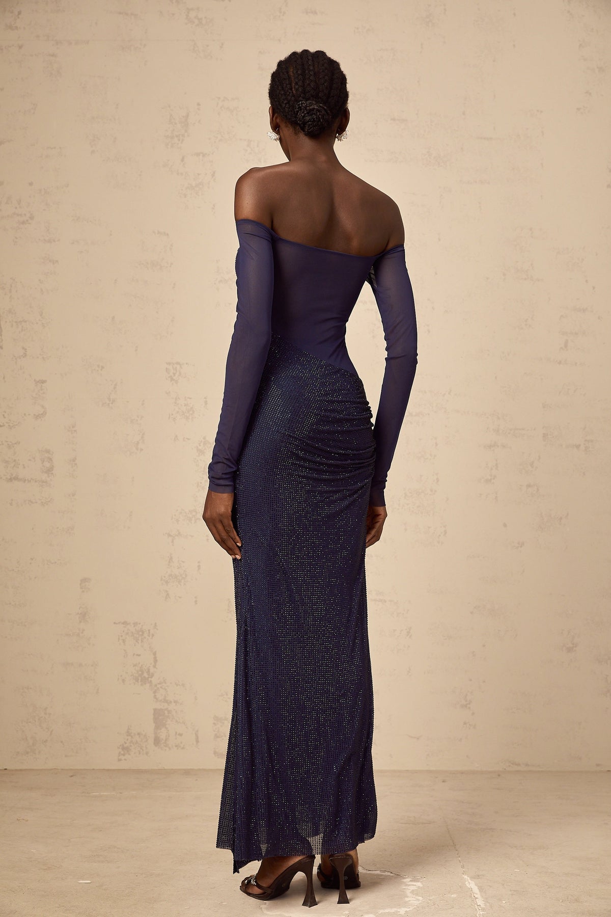 Hermine dark-blue embellished tulle-panel corset maxi dress