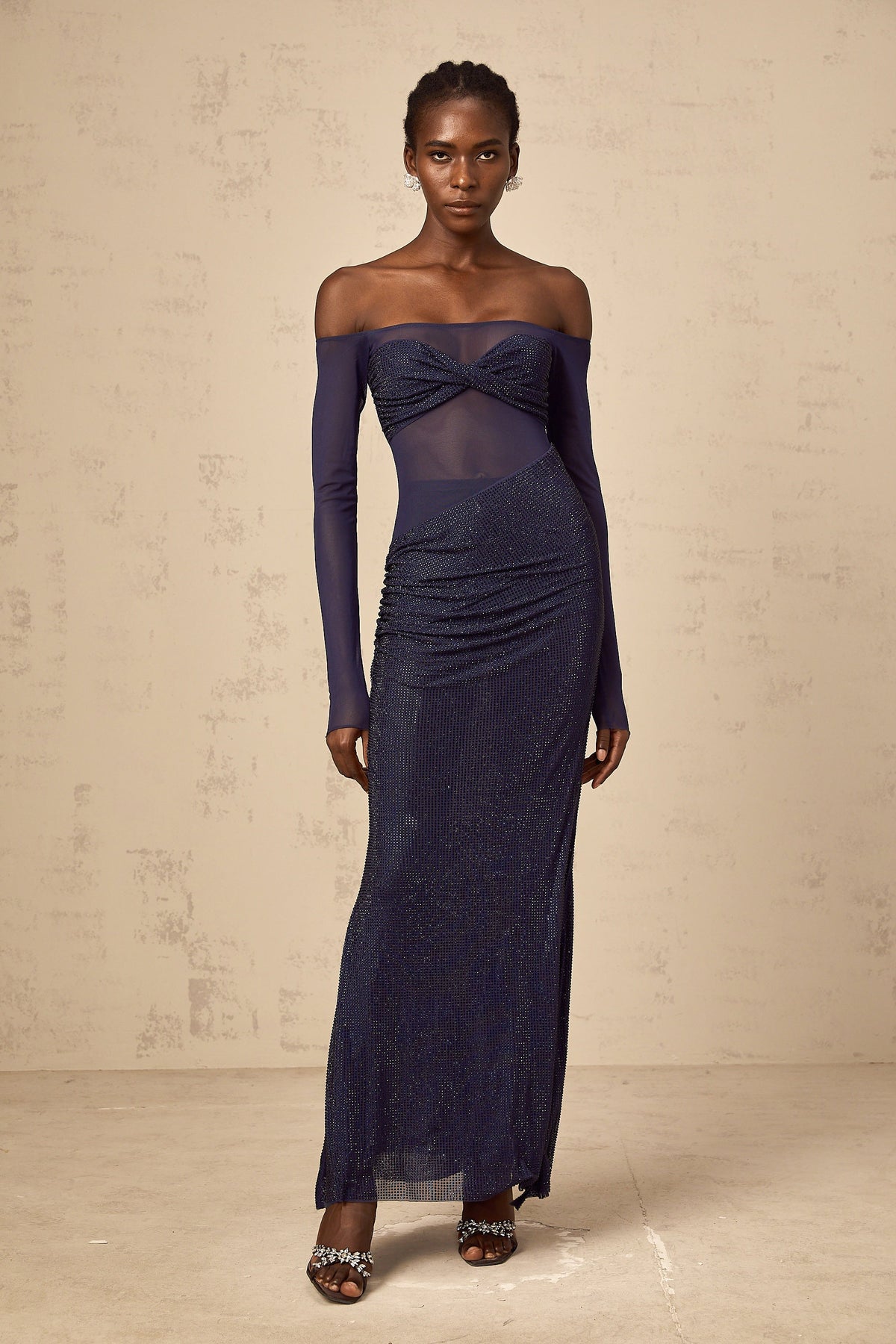 Hermine dark-blue embellished tulle-panel corset maxi dress