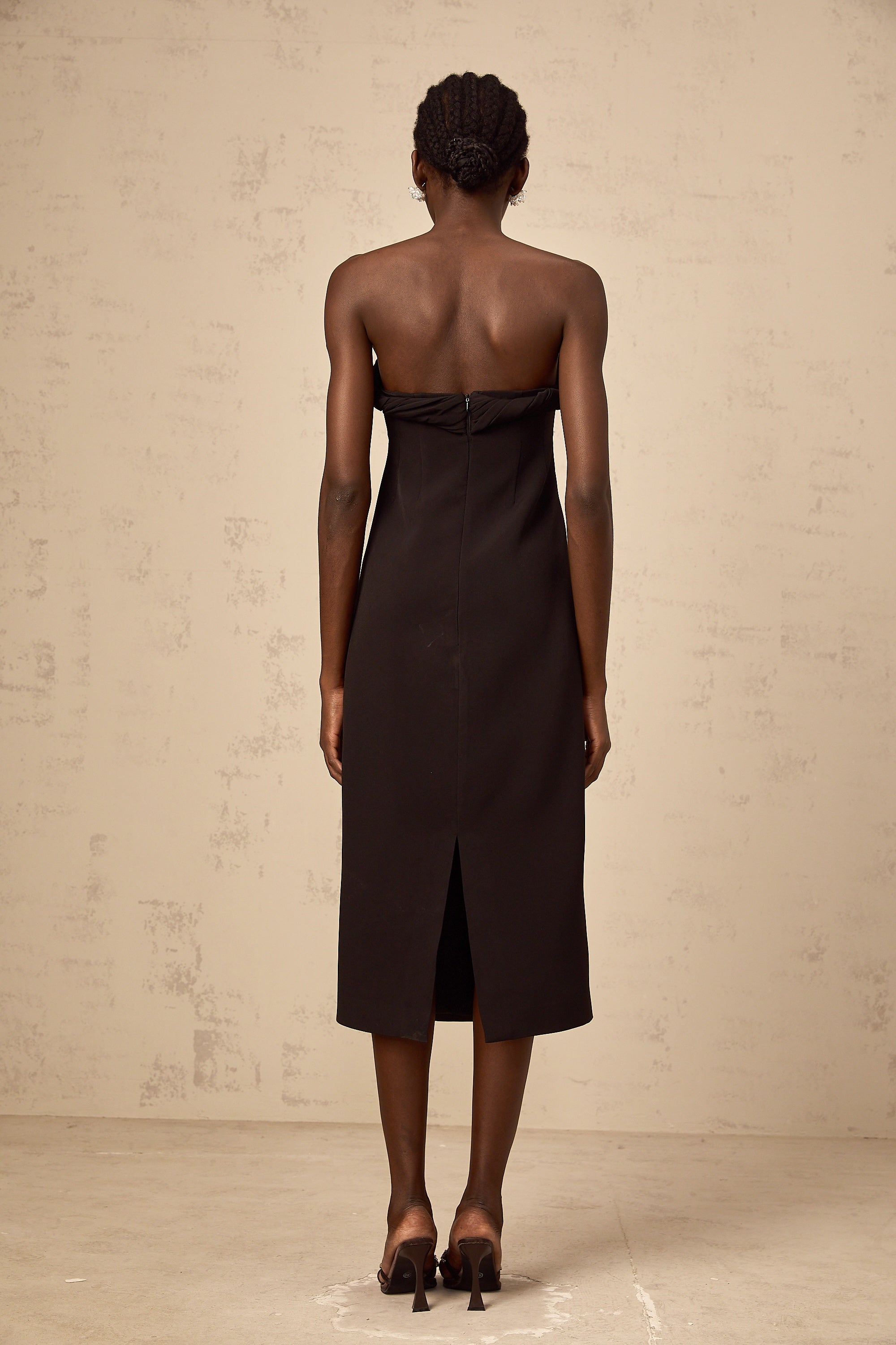 Florence black off-shoulder cut-out fitted midi dress