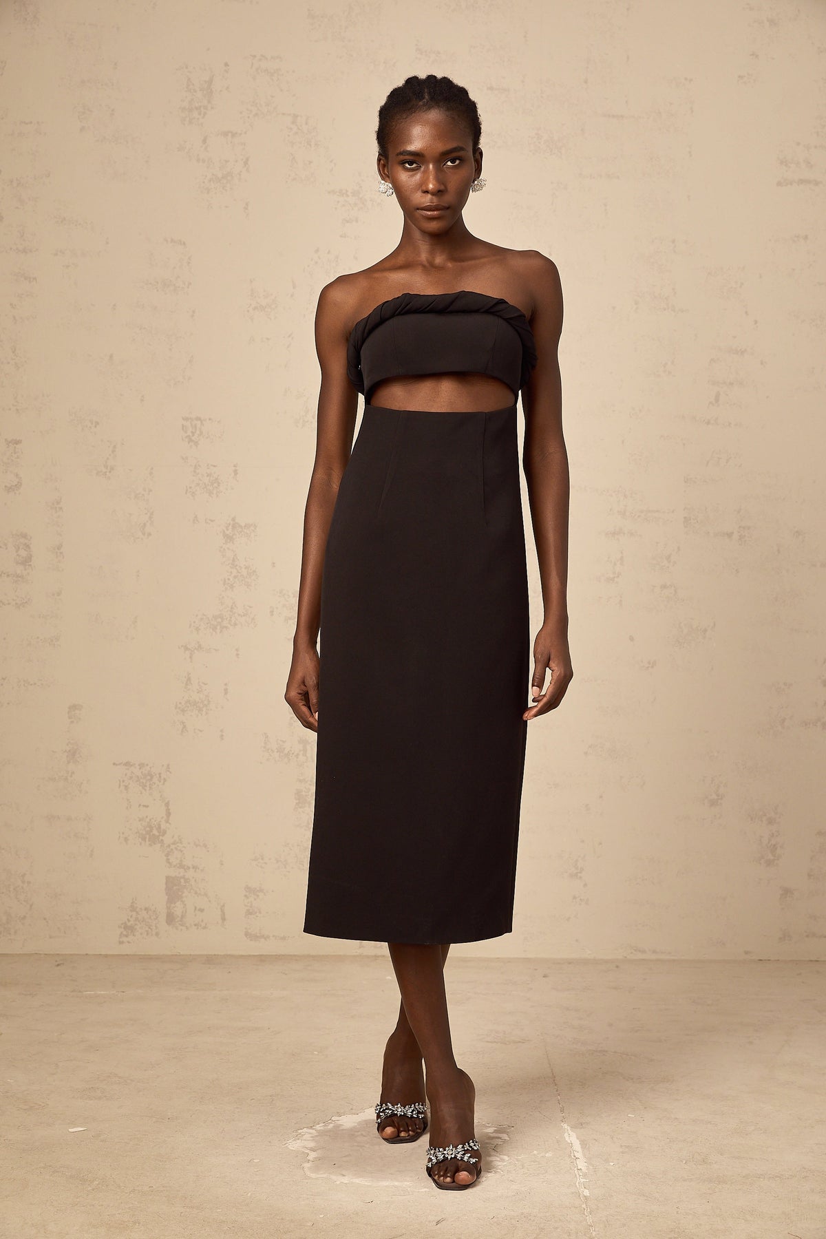 Florence black off-shoulder cut-out fitted midi dress