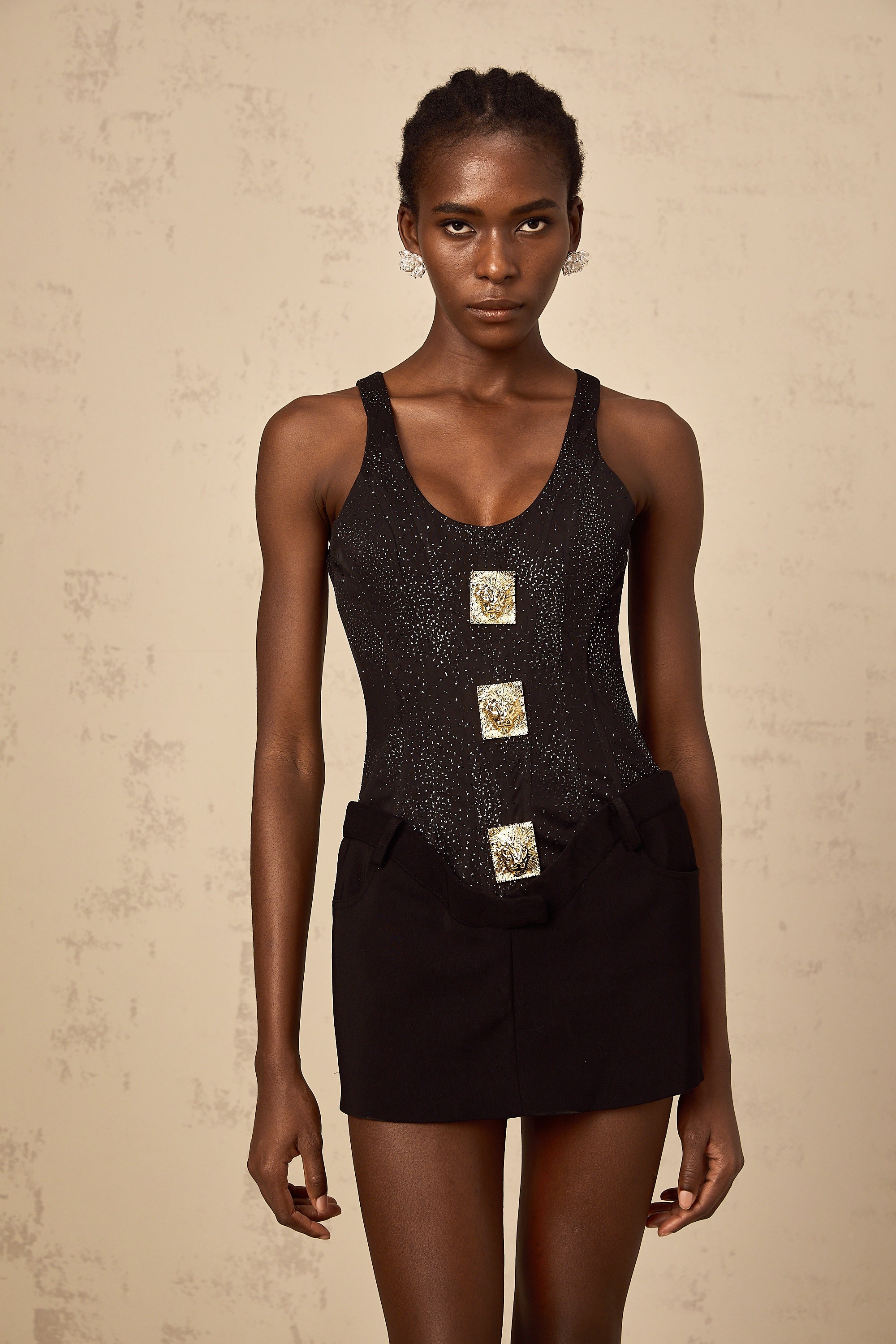 Xaviera black panelled glitter mini dress