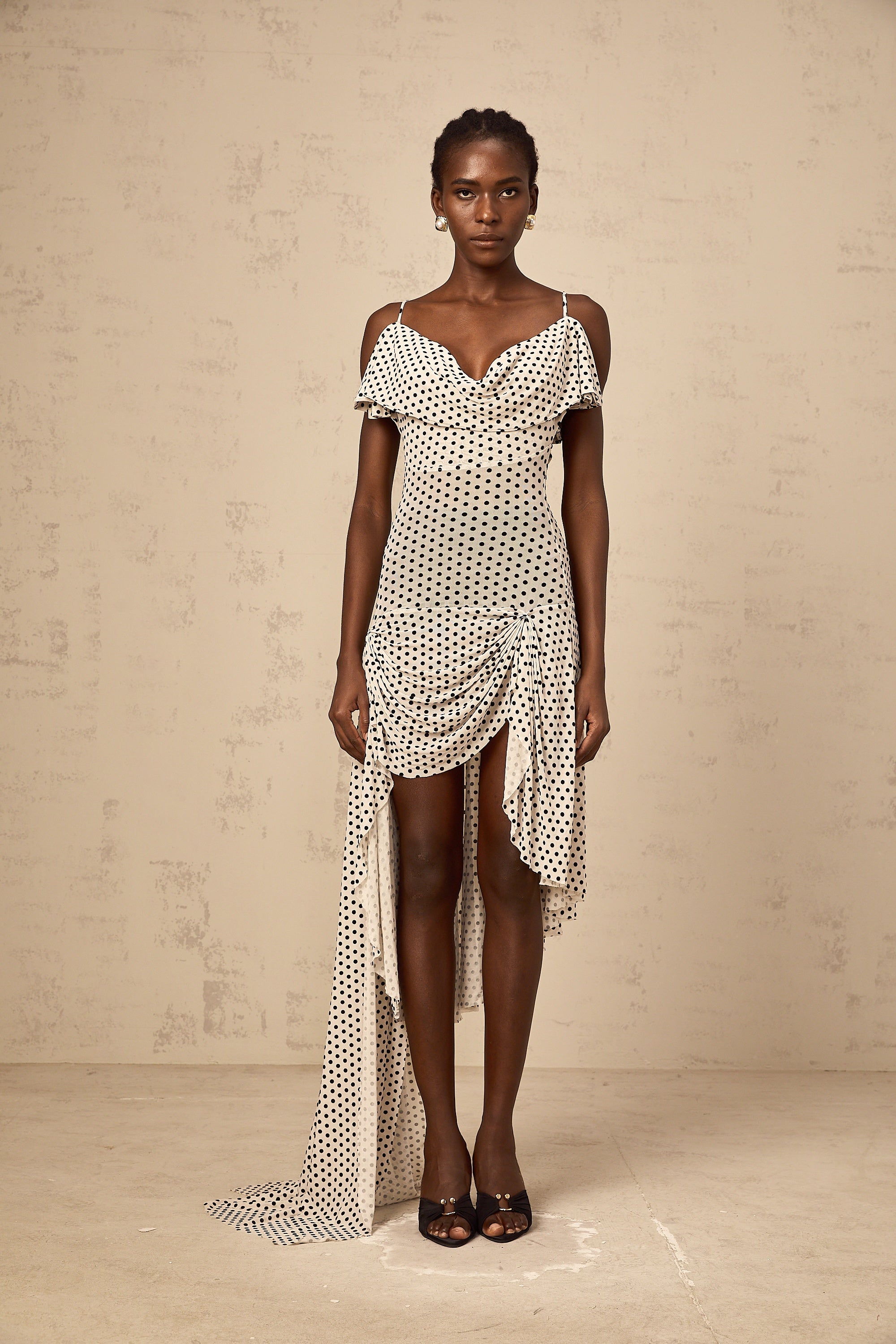 Véronica white polka-dot asymmetrical midi dress