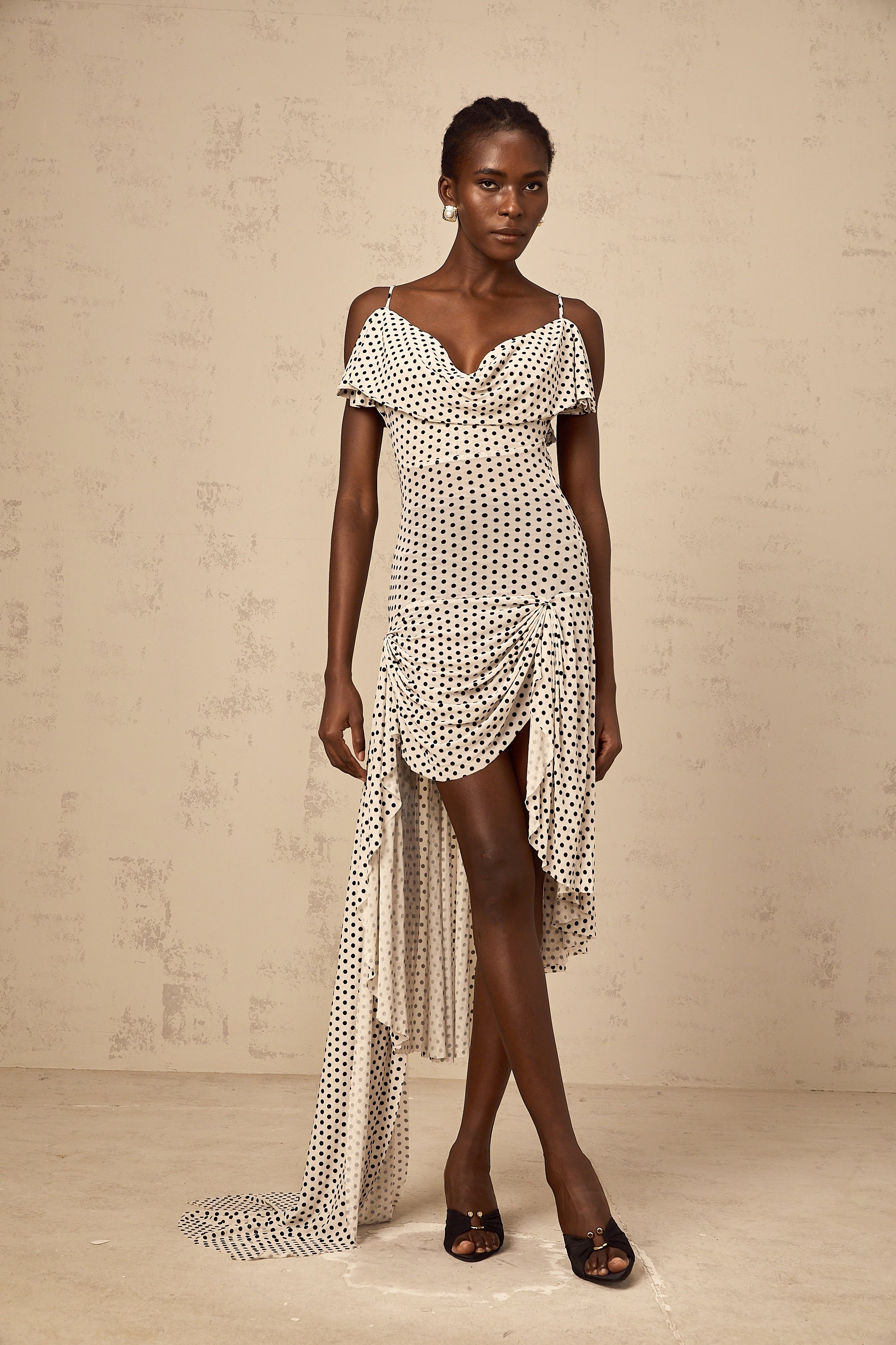 Véronica white polka-dot asymmetrical midi dress